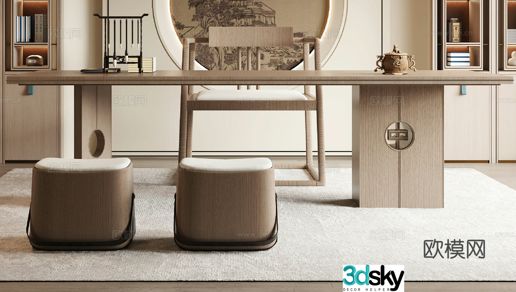 New Chinese desk and chair combination 3D model