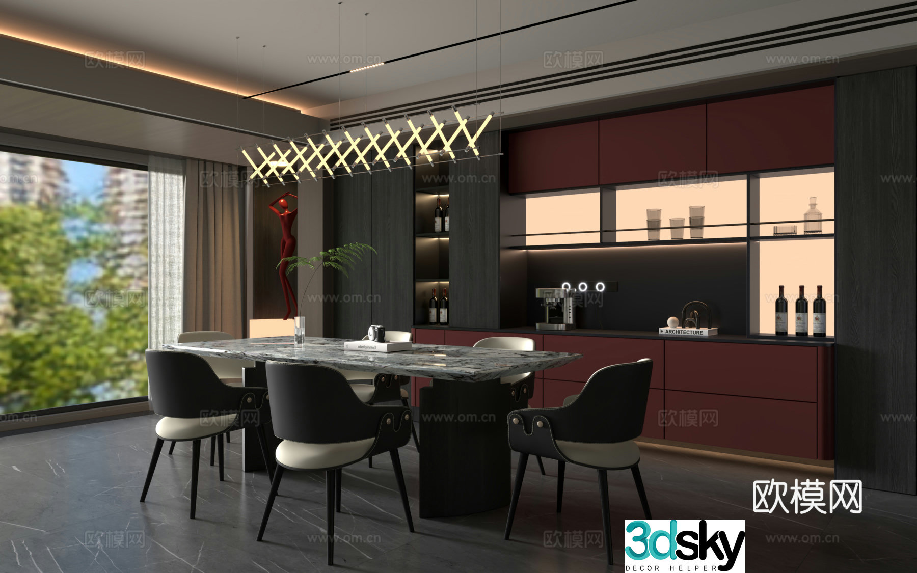 Modern Italian restaurant Italian sideboard Italian dining table and chair 3D model