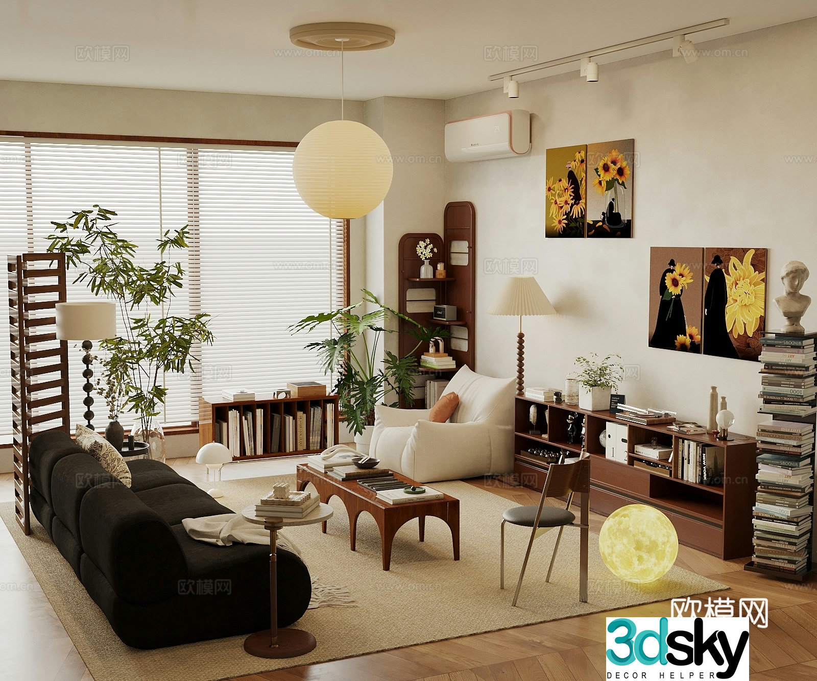 Wasabi Middle Style Living Room Sofa Coffee Table Combination Decoration Cabinet Bookshelf Leisure Chair Hanging Painting 3D Model