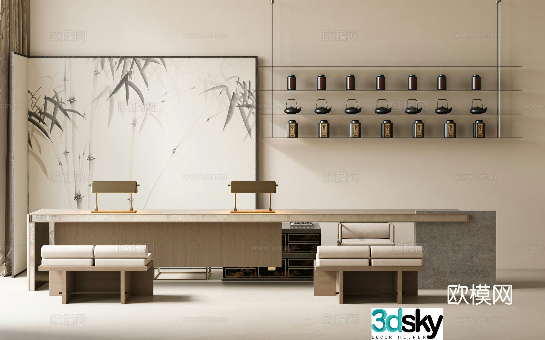 New Chinese style original wood tea table and chairs Tea table and chairs Solid wood long table Solid wood tea table New Chinese style tea room 3D model