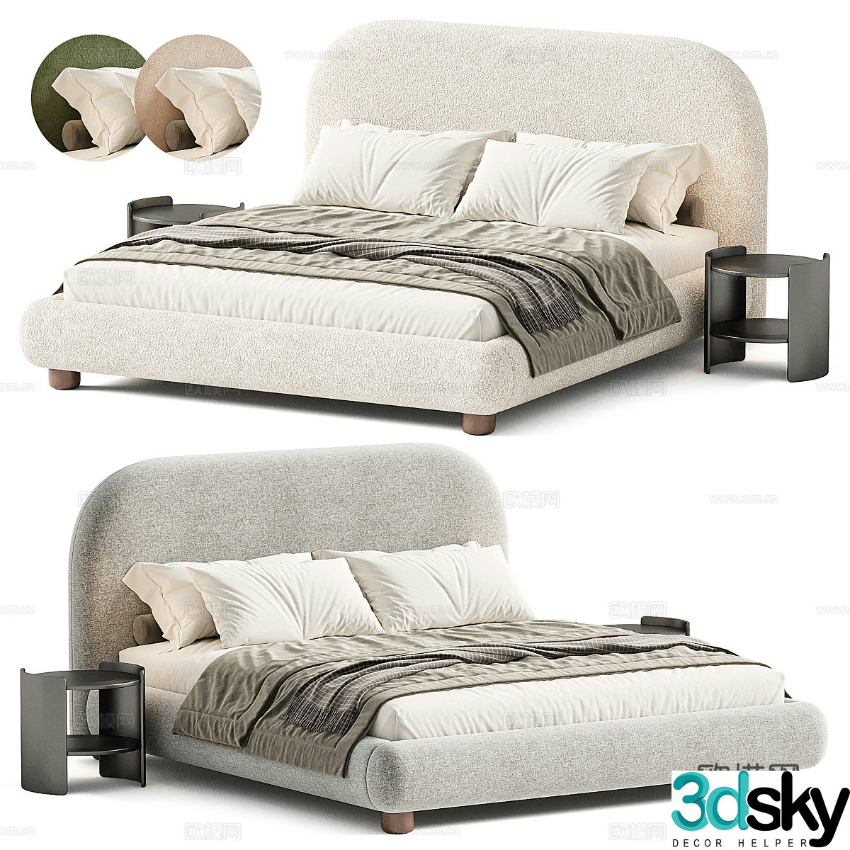 Modern cream style fabric double bed 3d model