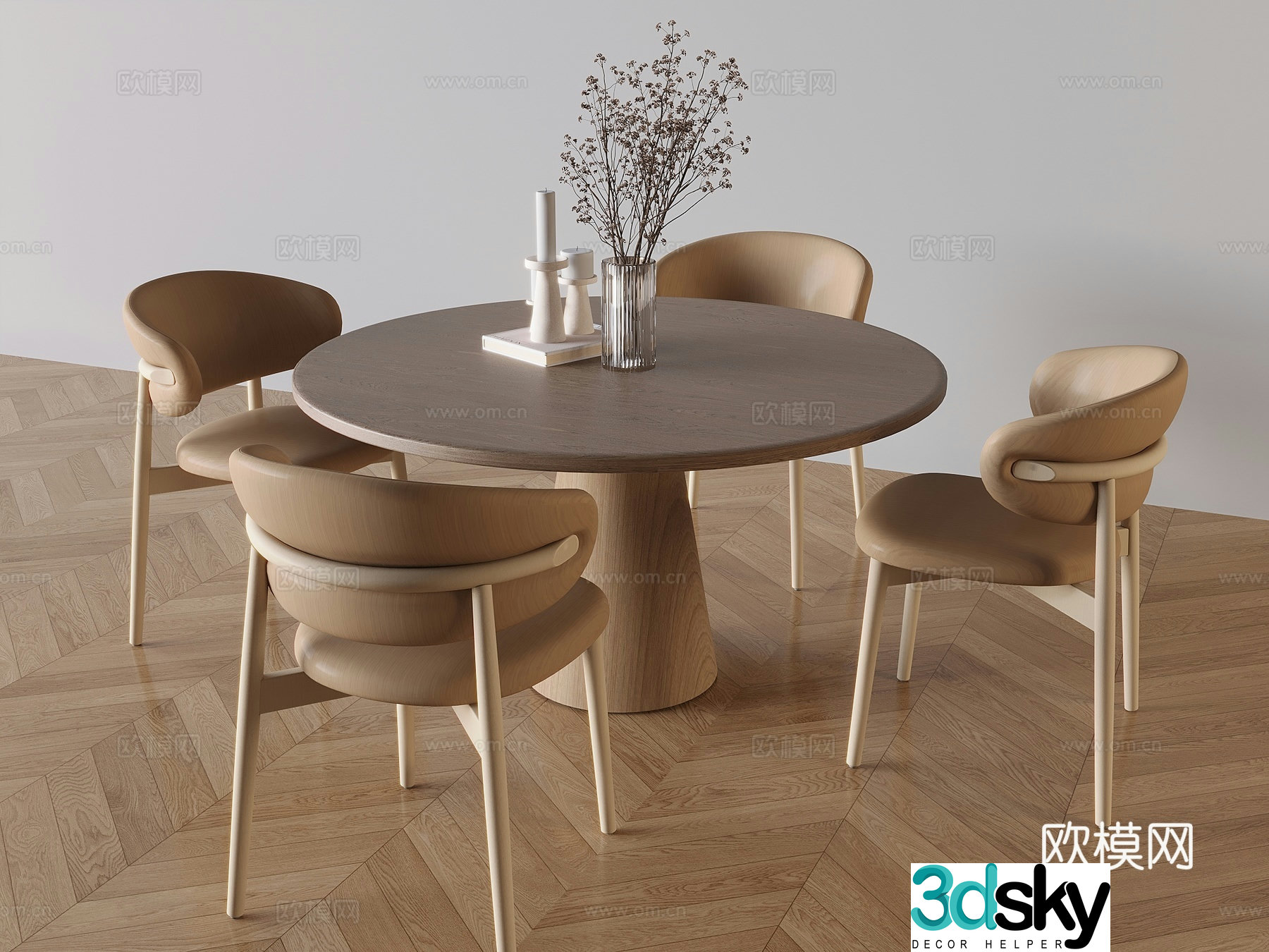 Nordic solid wood dining table and chair 3D model