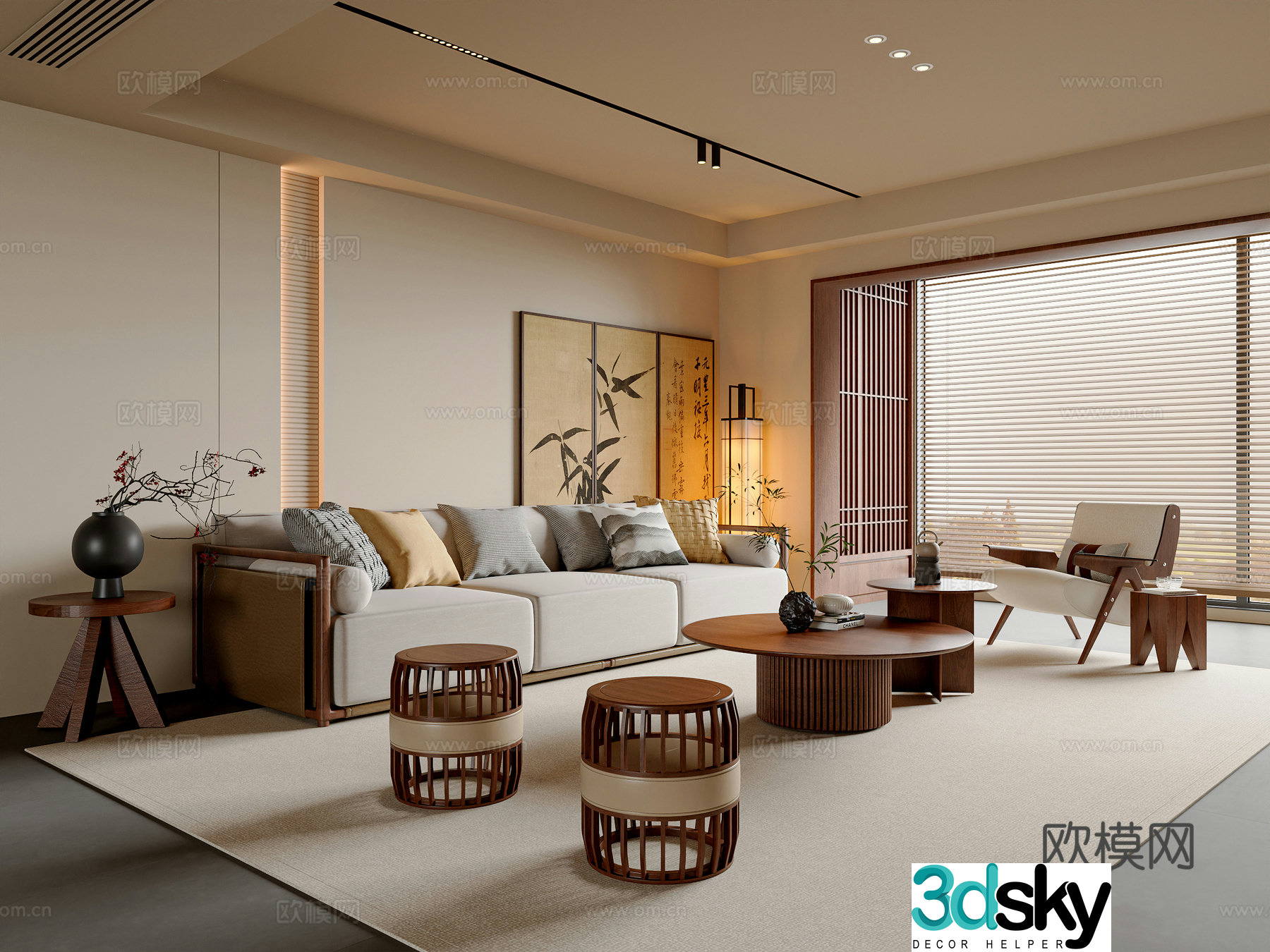 New Chinese style Song style living room sofa and coffee table combination leisure chair floor lamp punzi vase 3d model