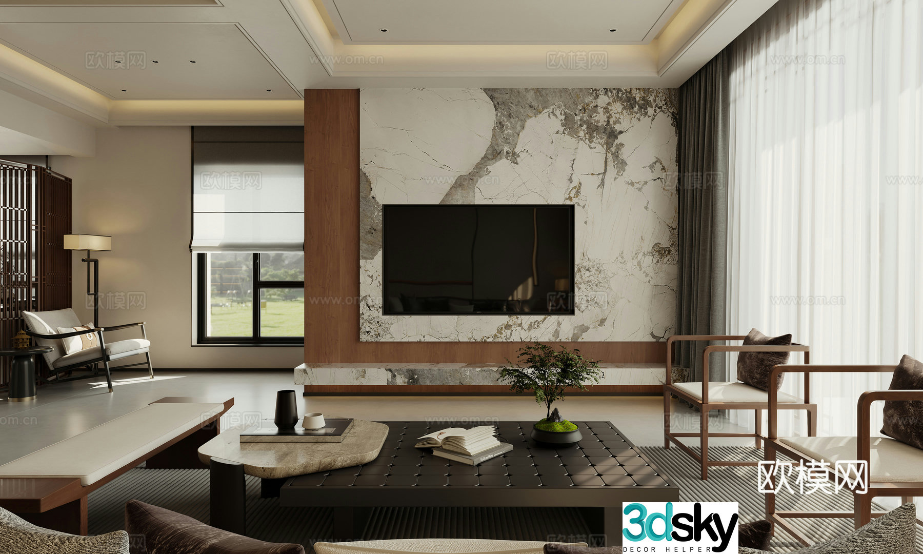 Chinese style villa living and dining room 3D model