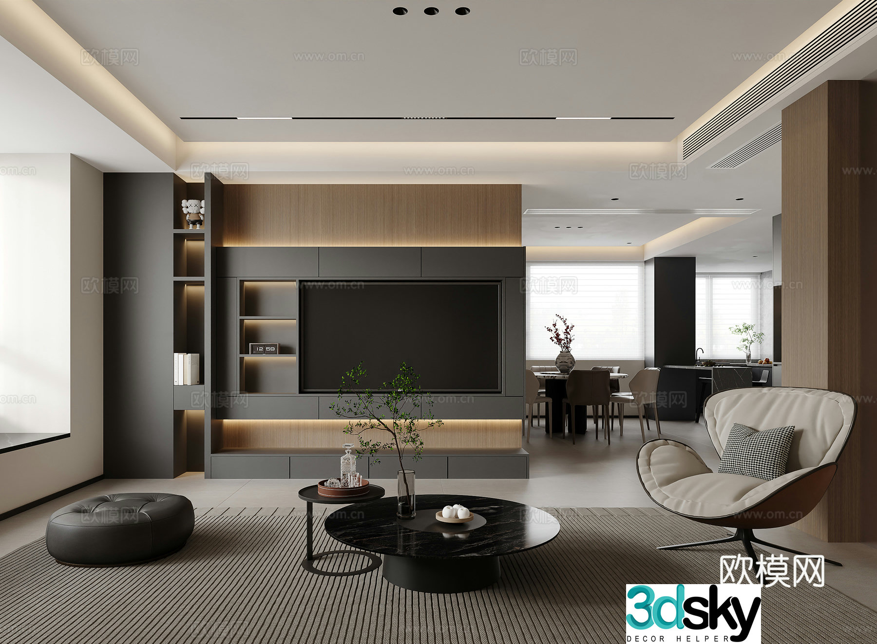Italian light luxury living and dining room kitchen 3D model