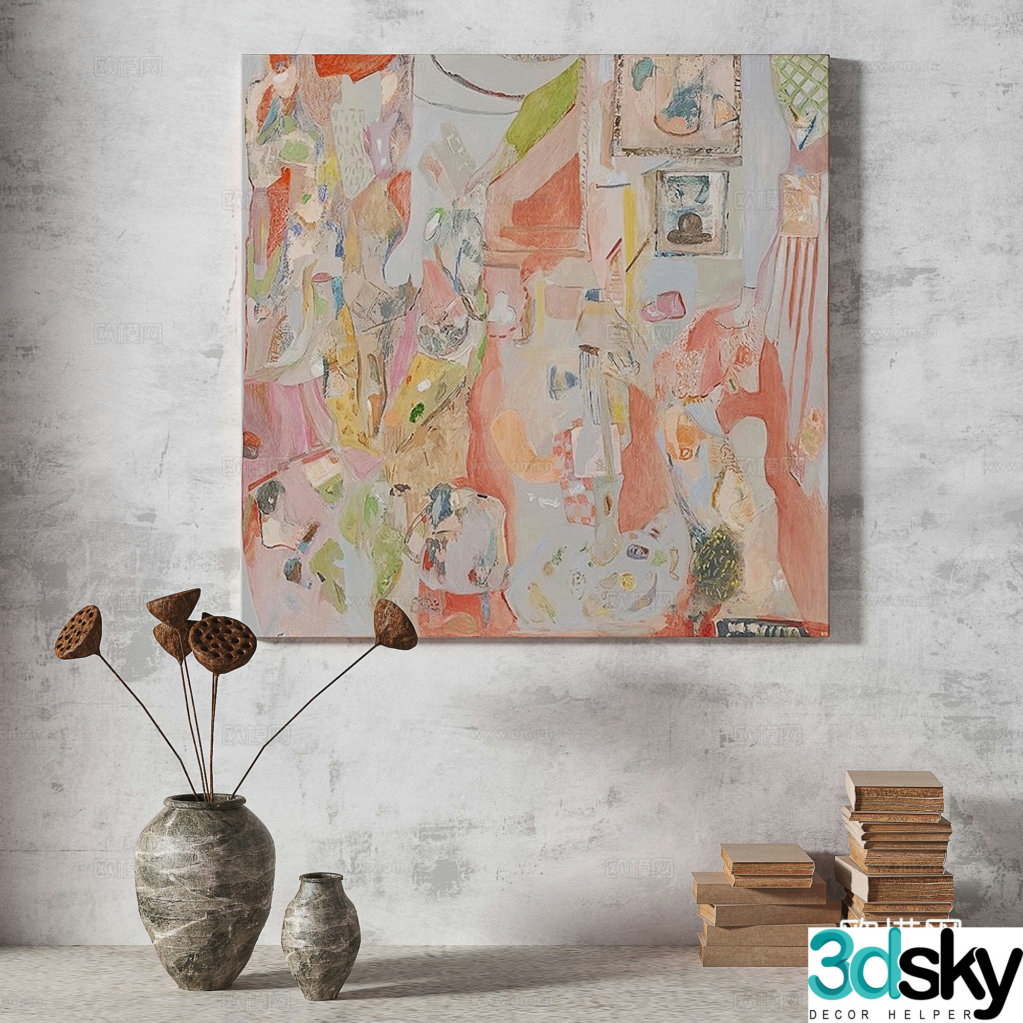 Modern light luxury wabi simple abstract three-dimensional retro medieval decorative painting 3d model