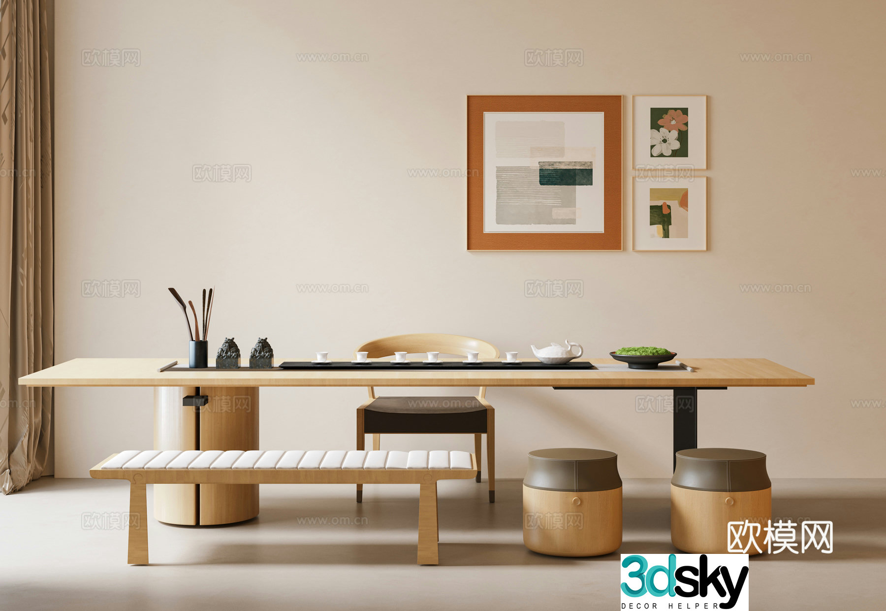 Modern wood tea table and chairs Tea table and chairs Solid wood long table Wasabi tea table Modern tea room 3D model