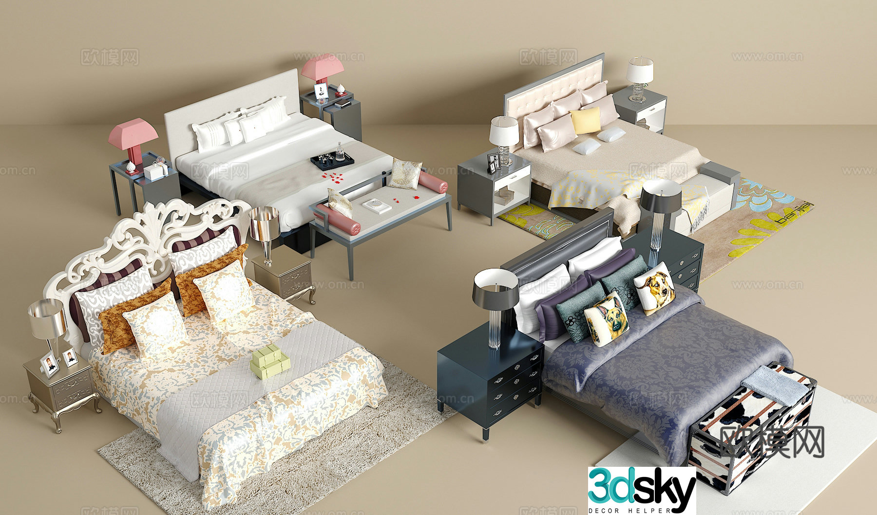 Double bed combination bedside table jewelry ornaments desk lamp carpet pillow 3D model