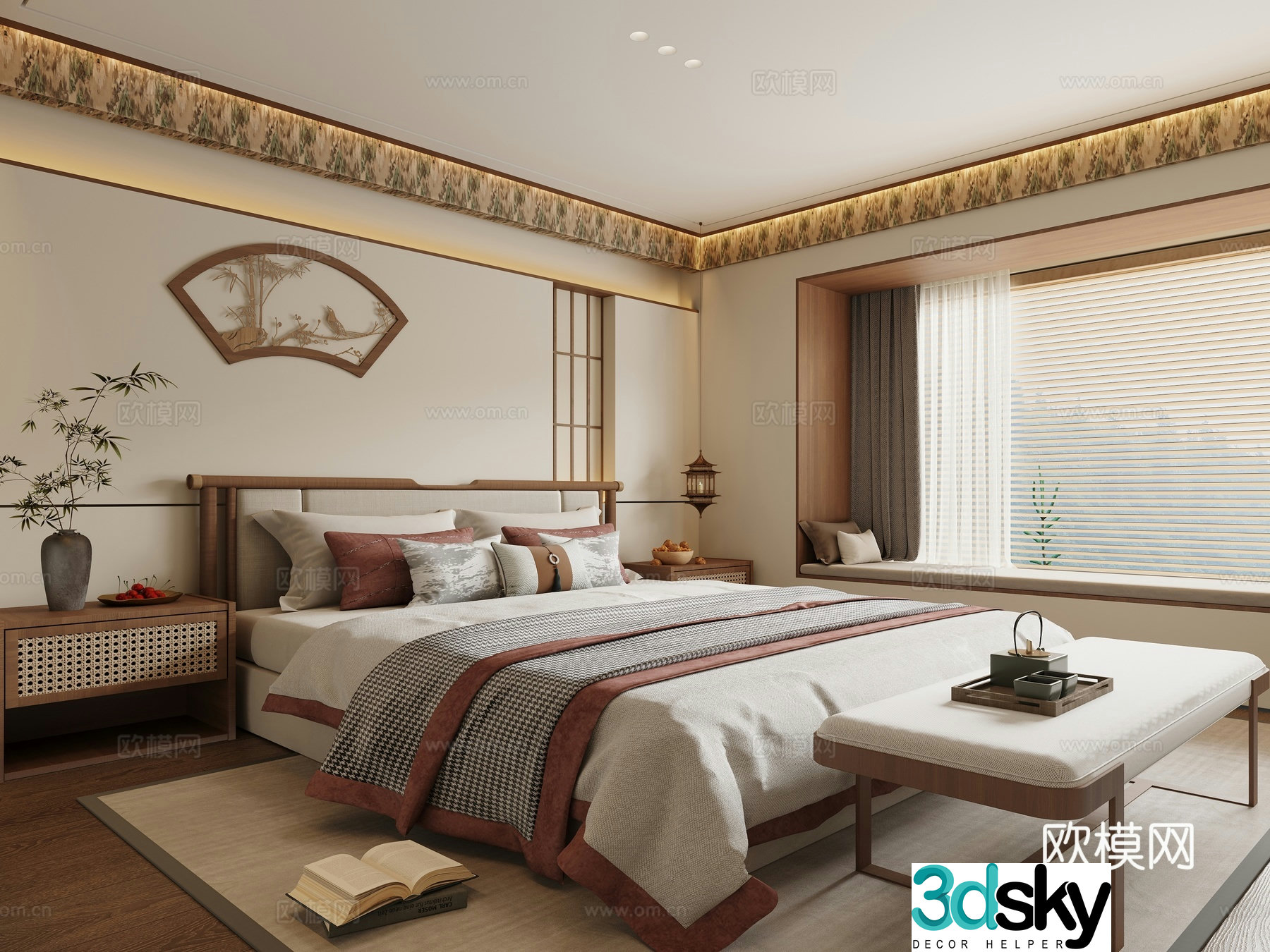 New Chinese style bedroom Song’s bedroom Double bed Song’s background wall 3D model
