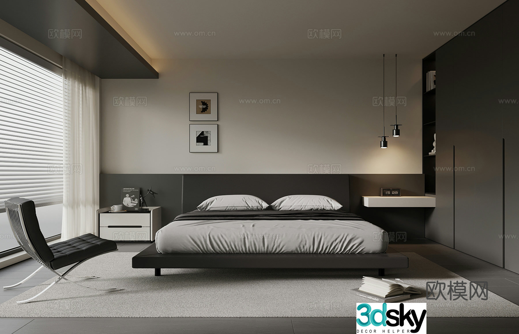 Italian minimalist bedroom wardrobe double bed 3d model
