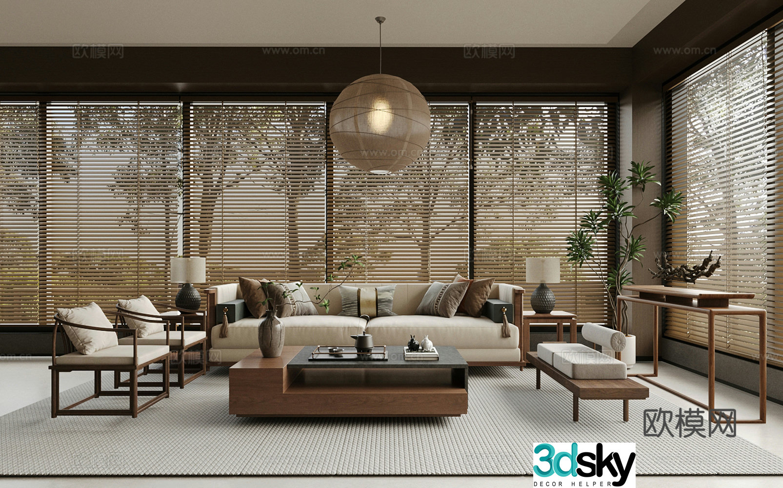 New Chinese-style home living room large living room sofa and coffee table combination chandelier 3D model