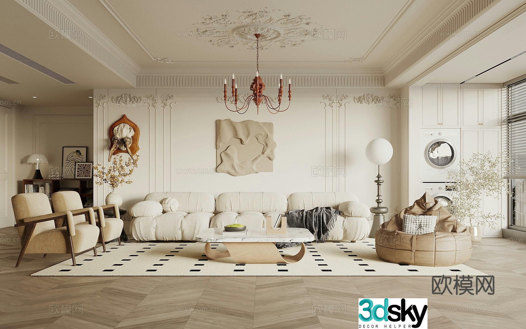 French simple European living room sofa coffee table combination sofa background wall lazy sofa entrance cabinet 3D model
