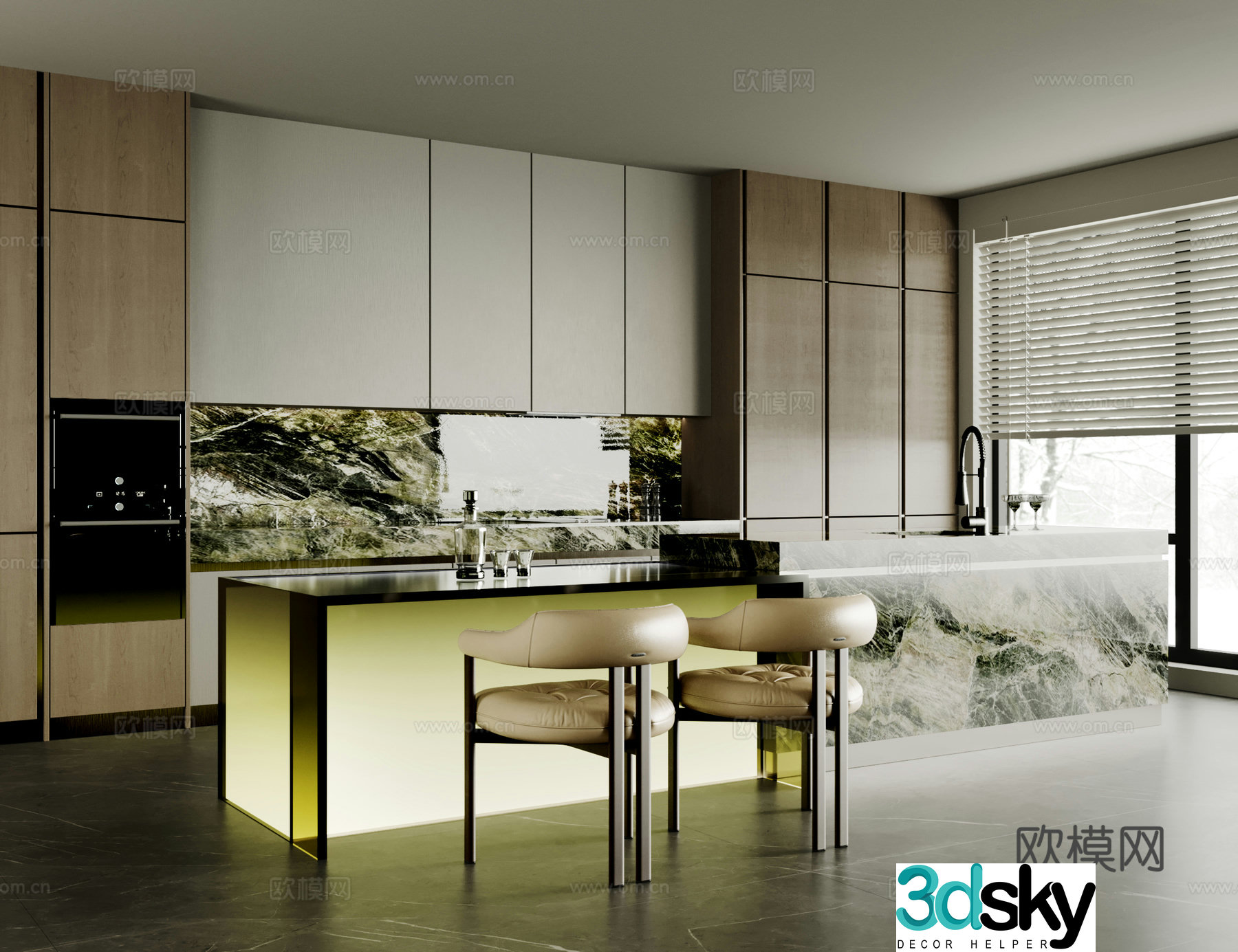 Modern open kitchen dining room island water bar marble dining table single chair cabinet 3d model