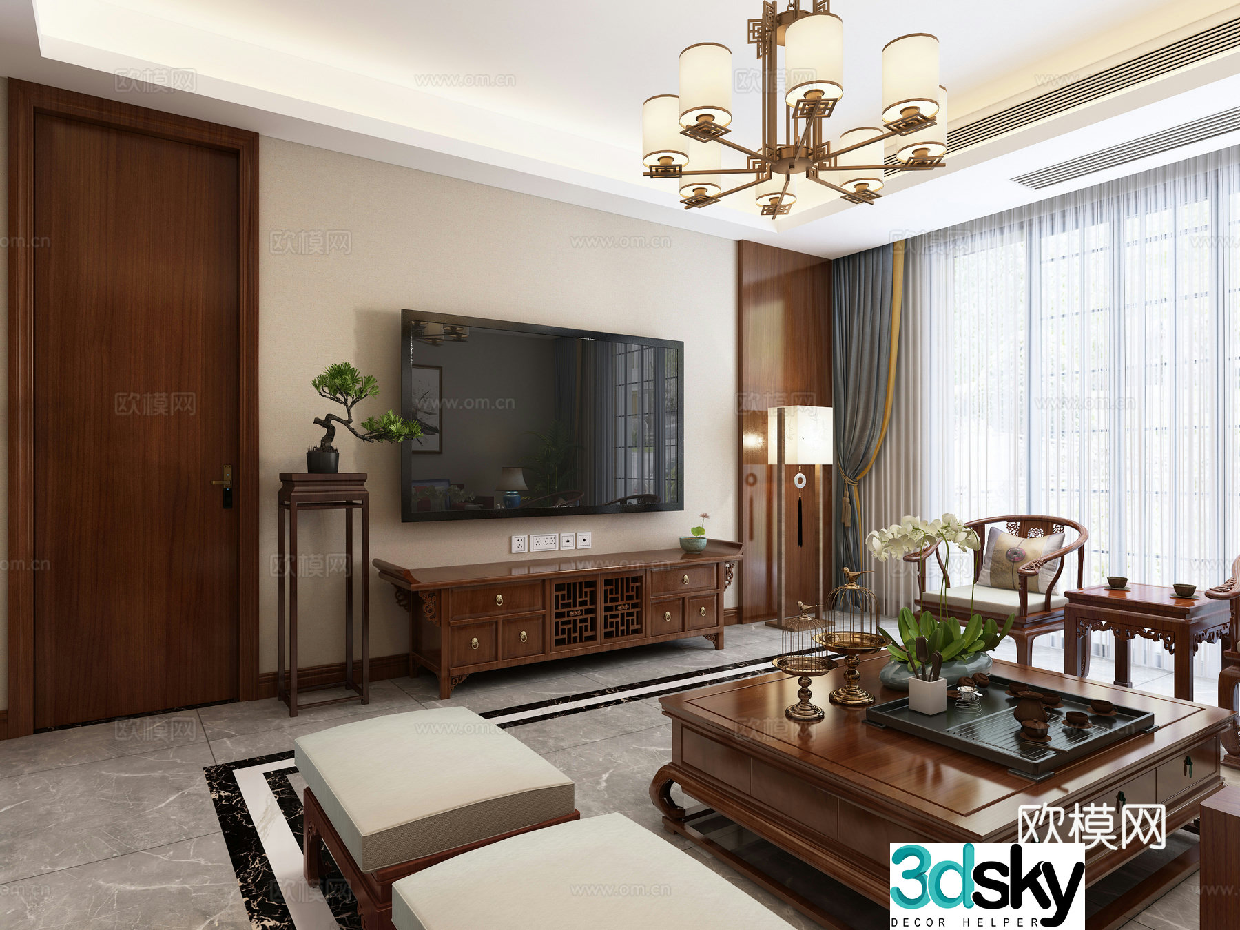 Chinese style Chinese style sofa TV background wall chandeliers hanging painting green plants 3D model