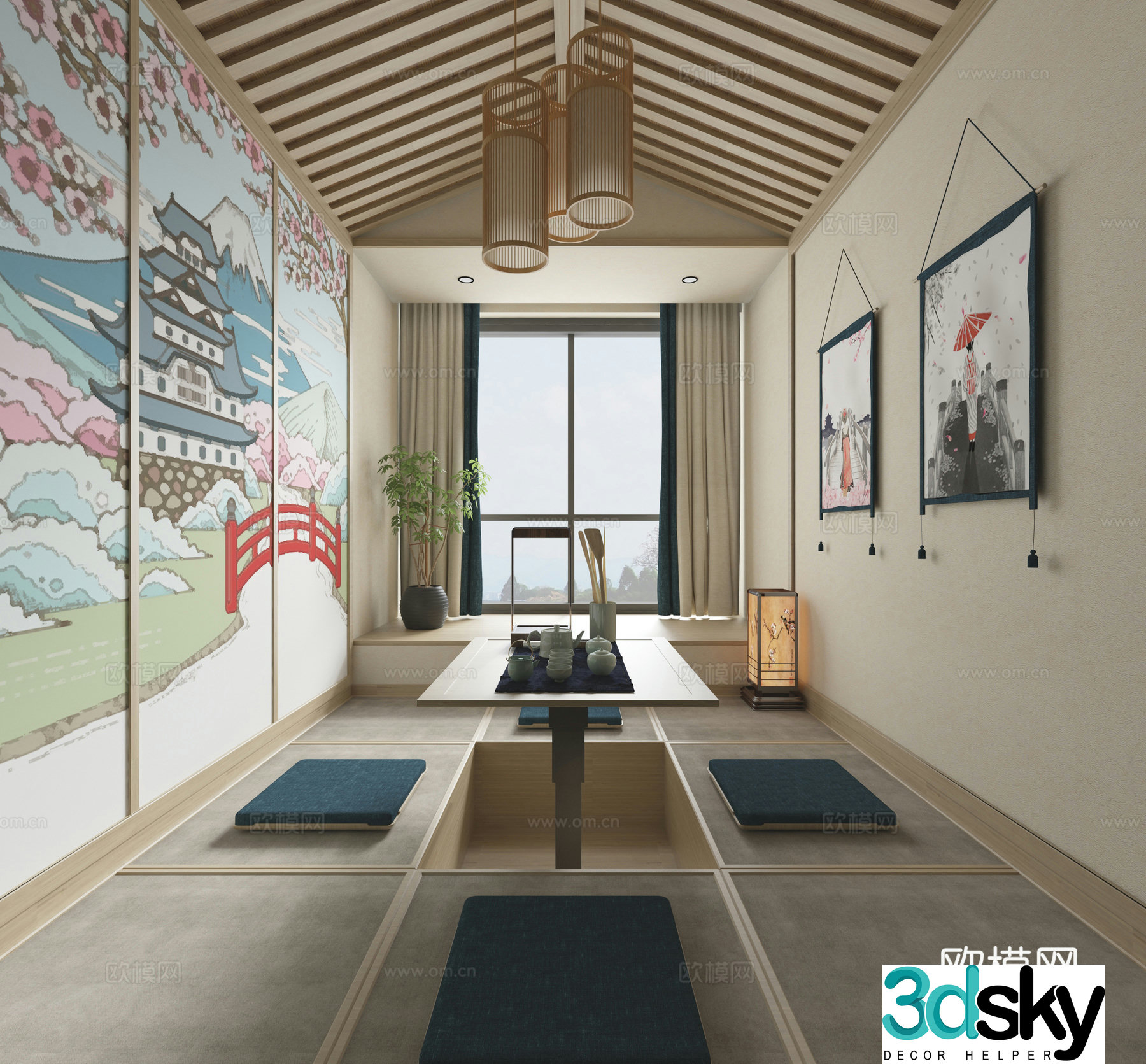 Japanese new Chinese tatami Japanese tatami room Chinese tea room tea set hanging flag tatami 3D model