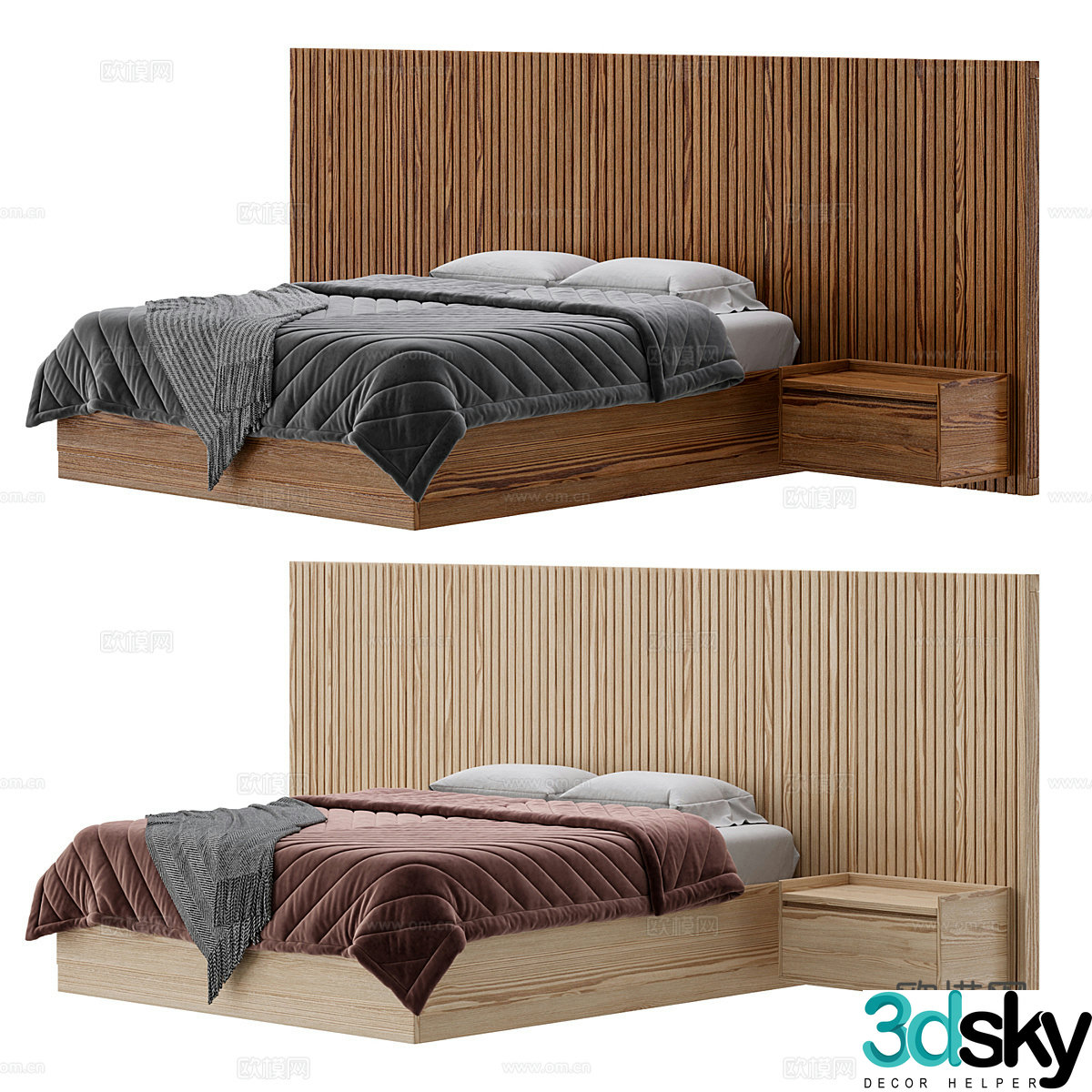 New Chinese style Wasabi Wooden Fabric Double Bed 3D Model
