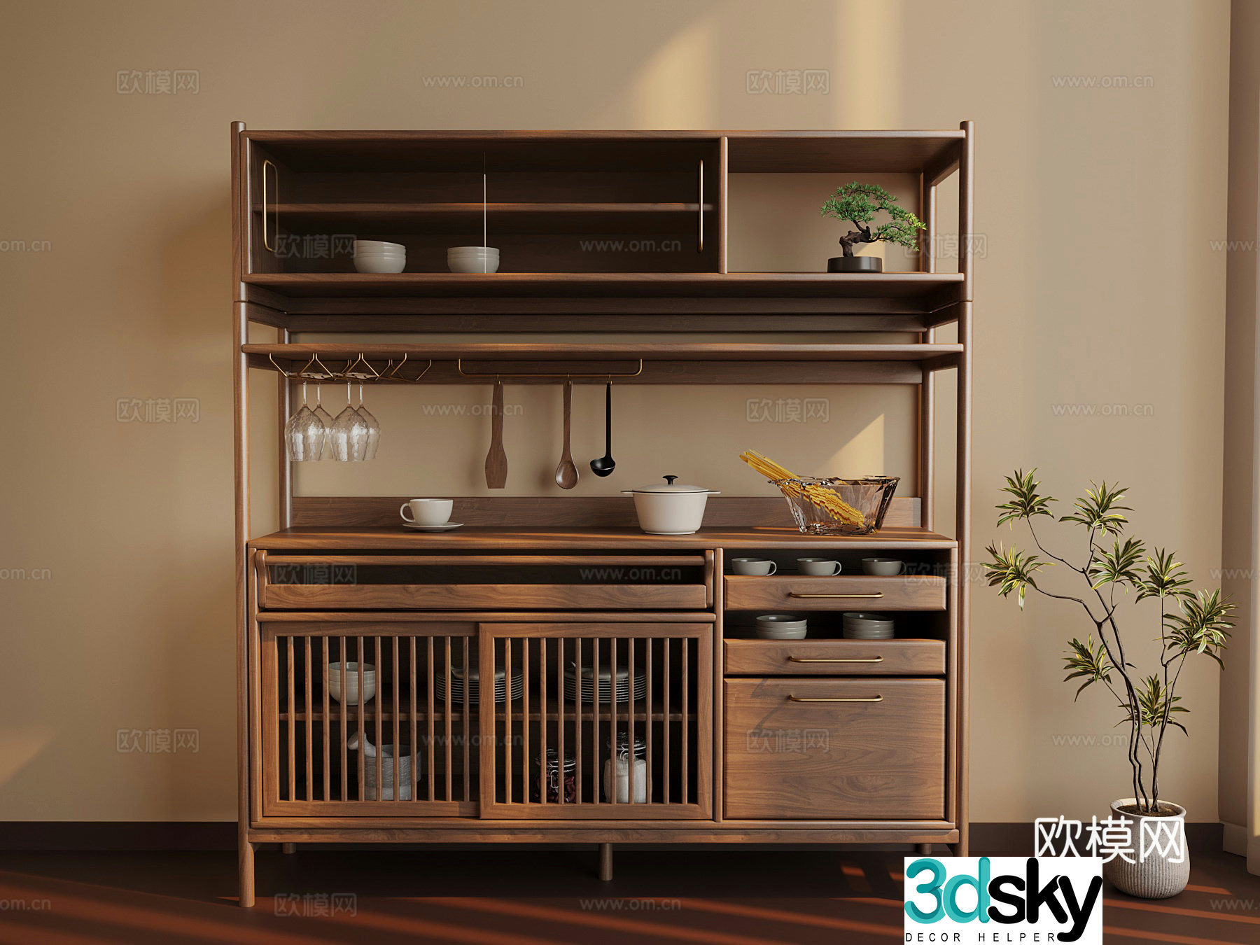 New Chinese-style tea cabinet green plants ornaments 3D model