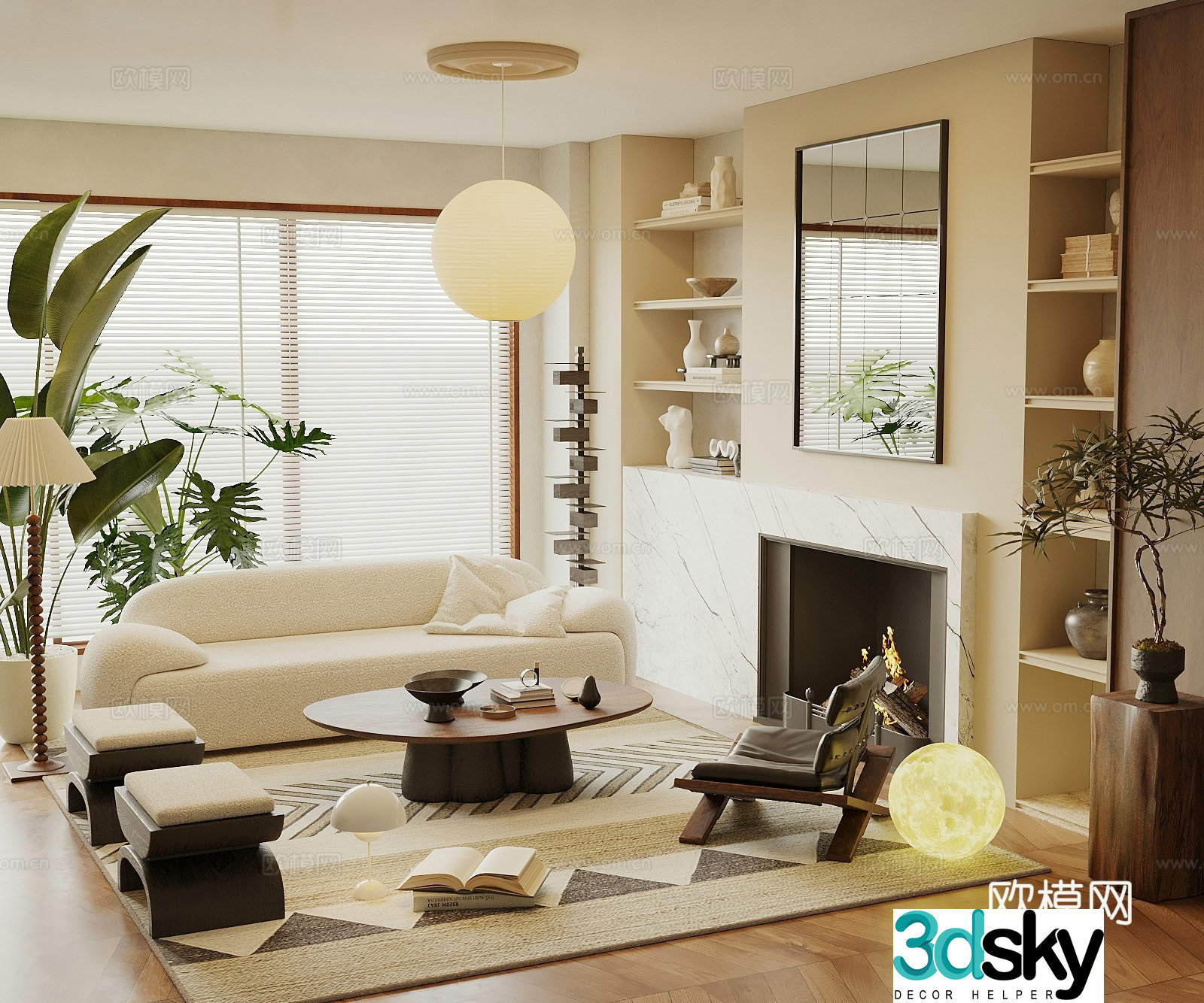 Wasabi Middle Style Living Room Sofa Coffee Table Combination Fireplace Leisure Chair Hanging Painting Art Chandelier 3D Model