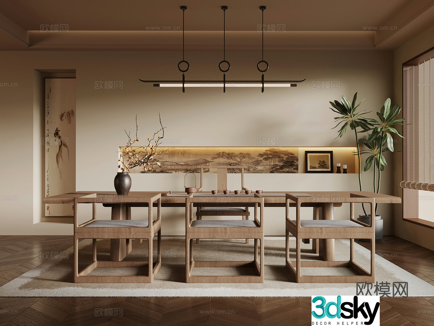 New Chinese-style tea room tea table and chairs tea sets ornaments 3D model