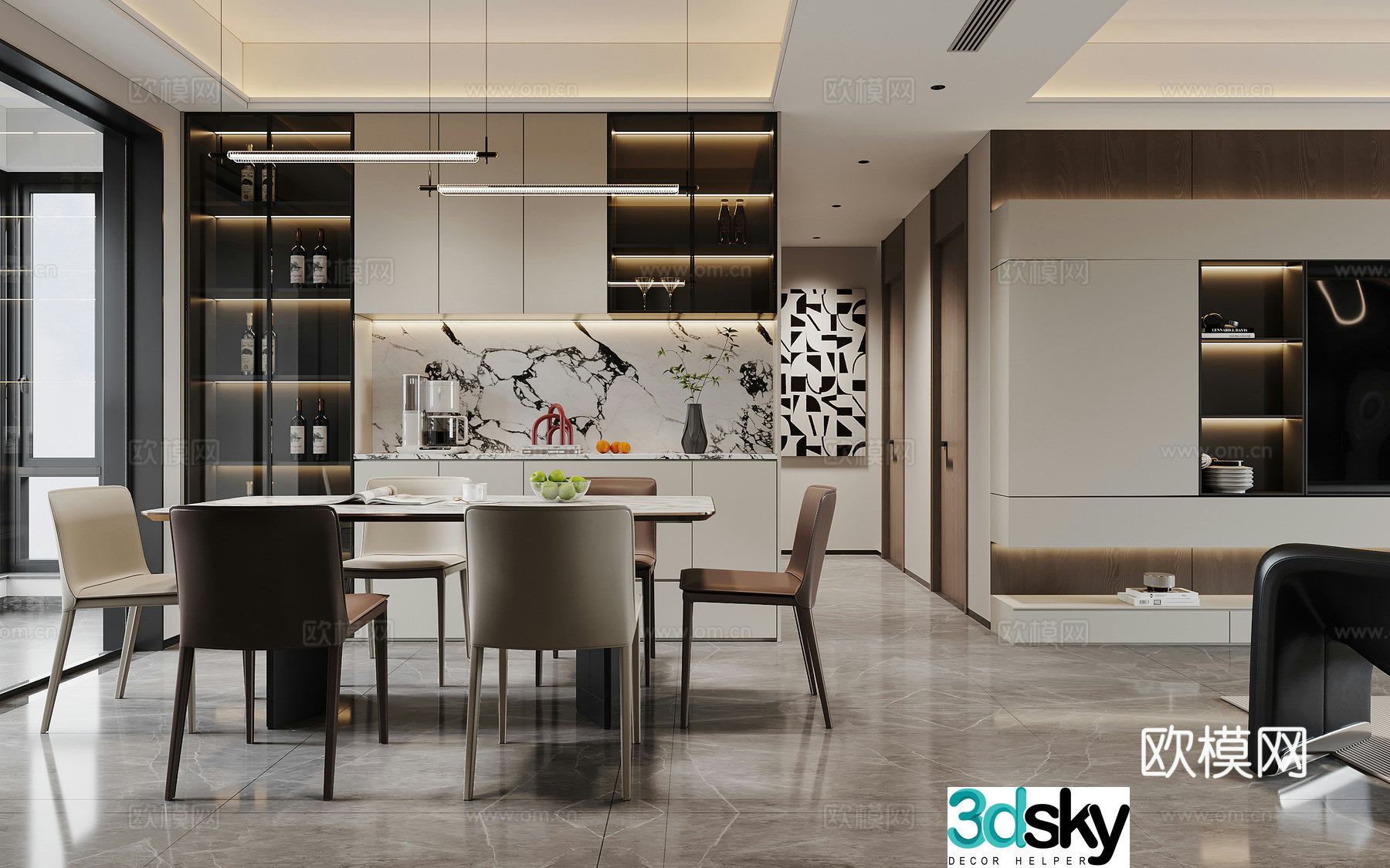 Modern living and dining room 3d model