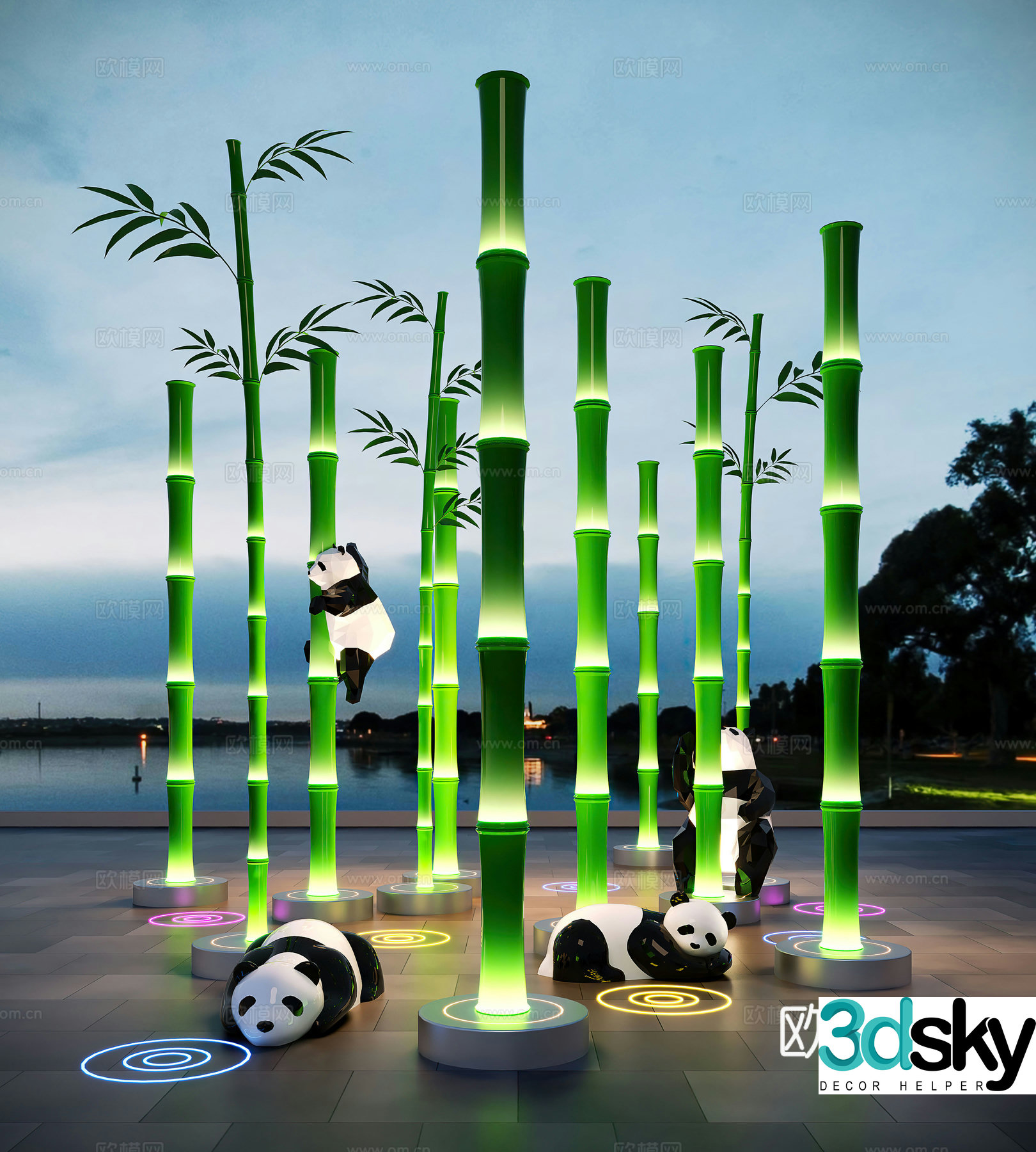 Modern landscape sculpture Bamboo sculpture Panda sculpture Square sculpture installation Bamboo installation 3d model