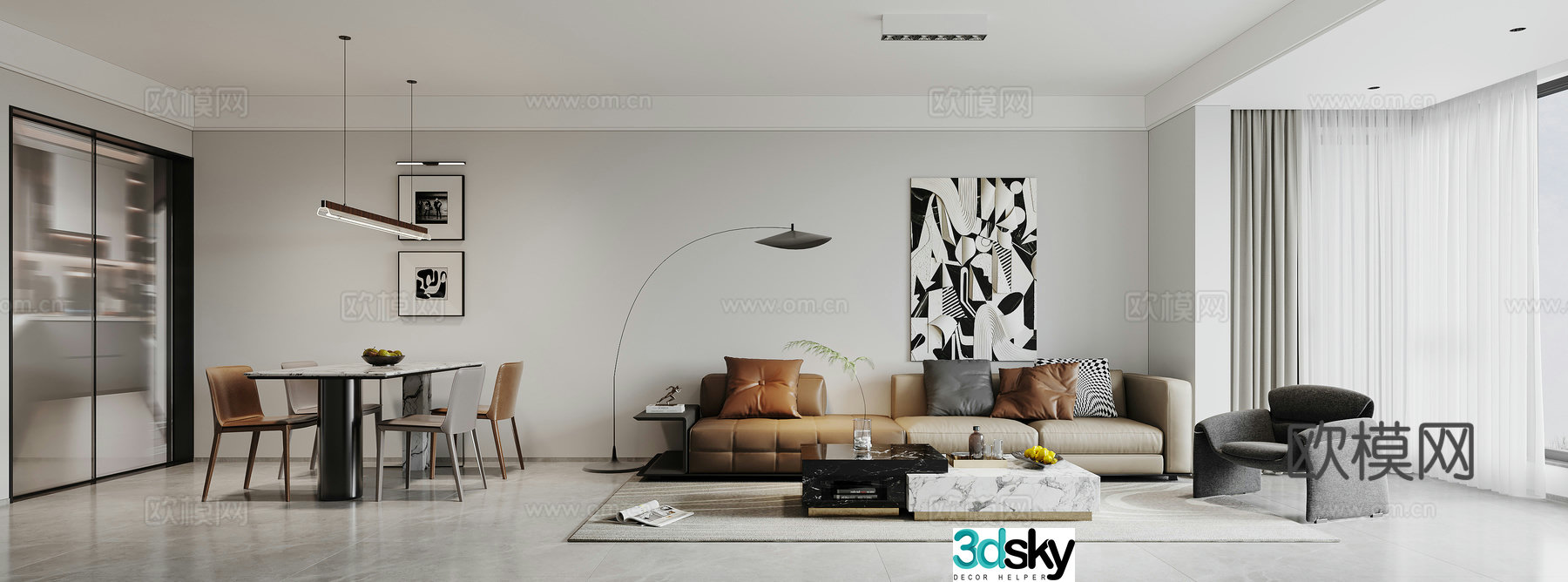 Modern living and dining room 3d model