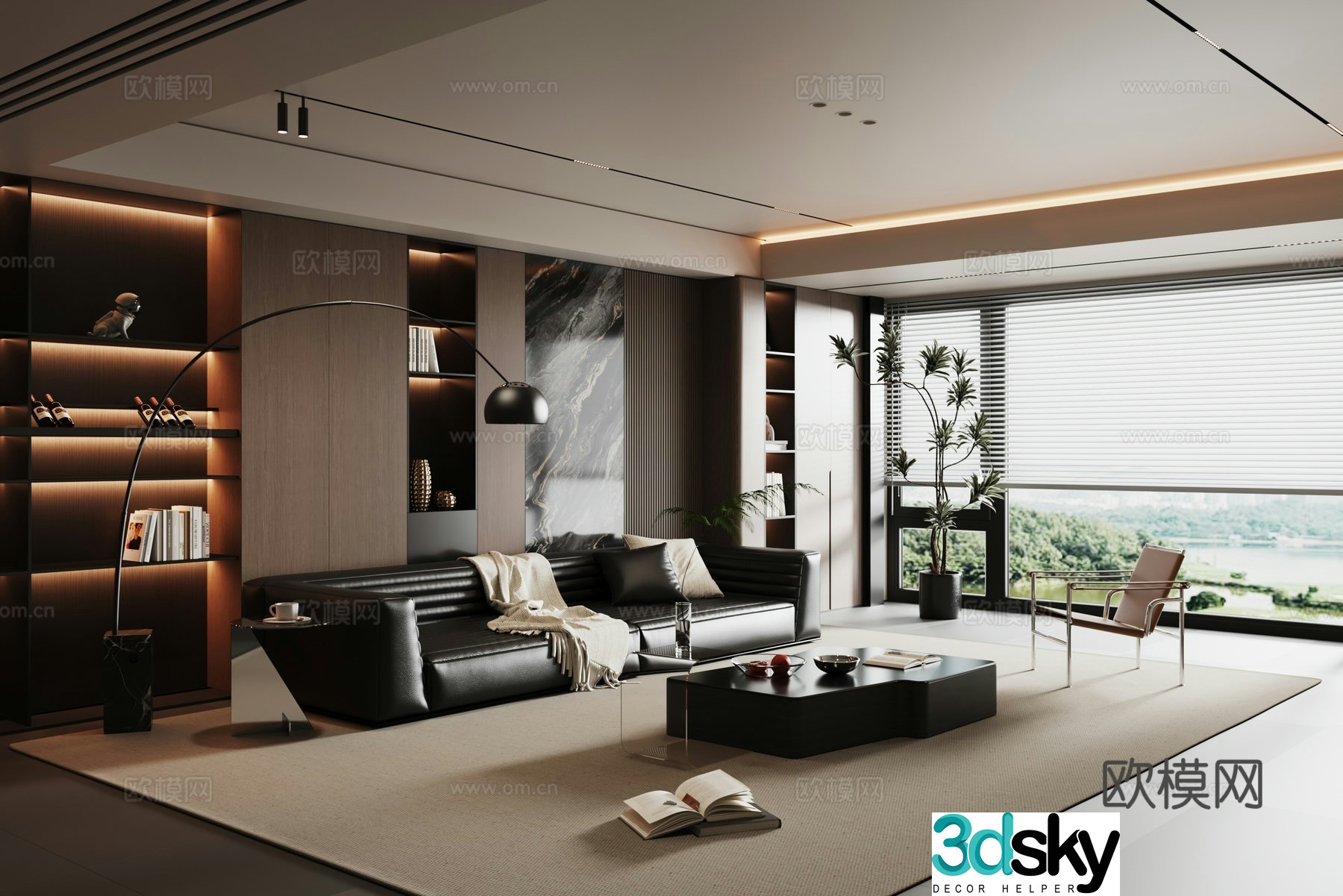 Modern minimalist and light luxury black and white gray living room 3D model