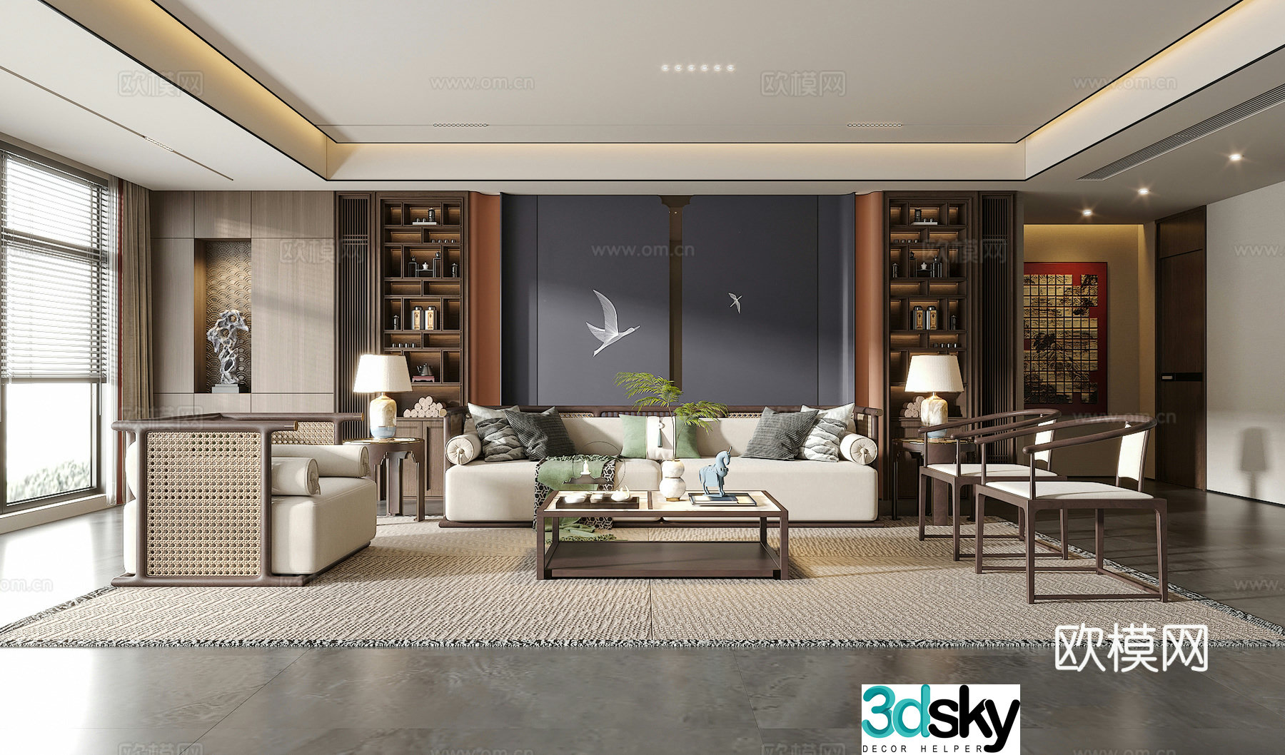 New Chinese living room sofa and coffee table combination green plants accessories desk lamp background wall 3D model