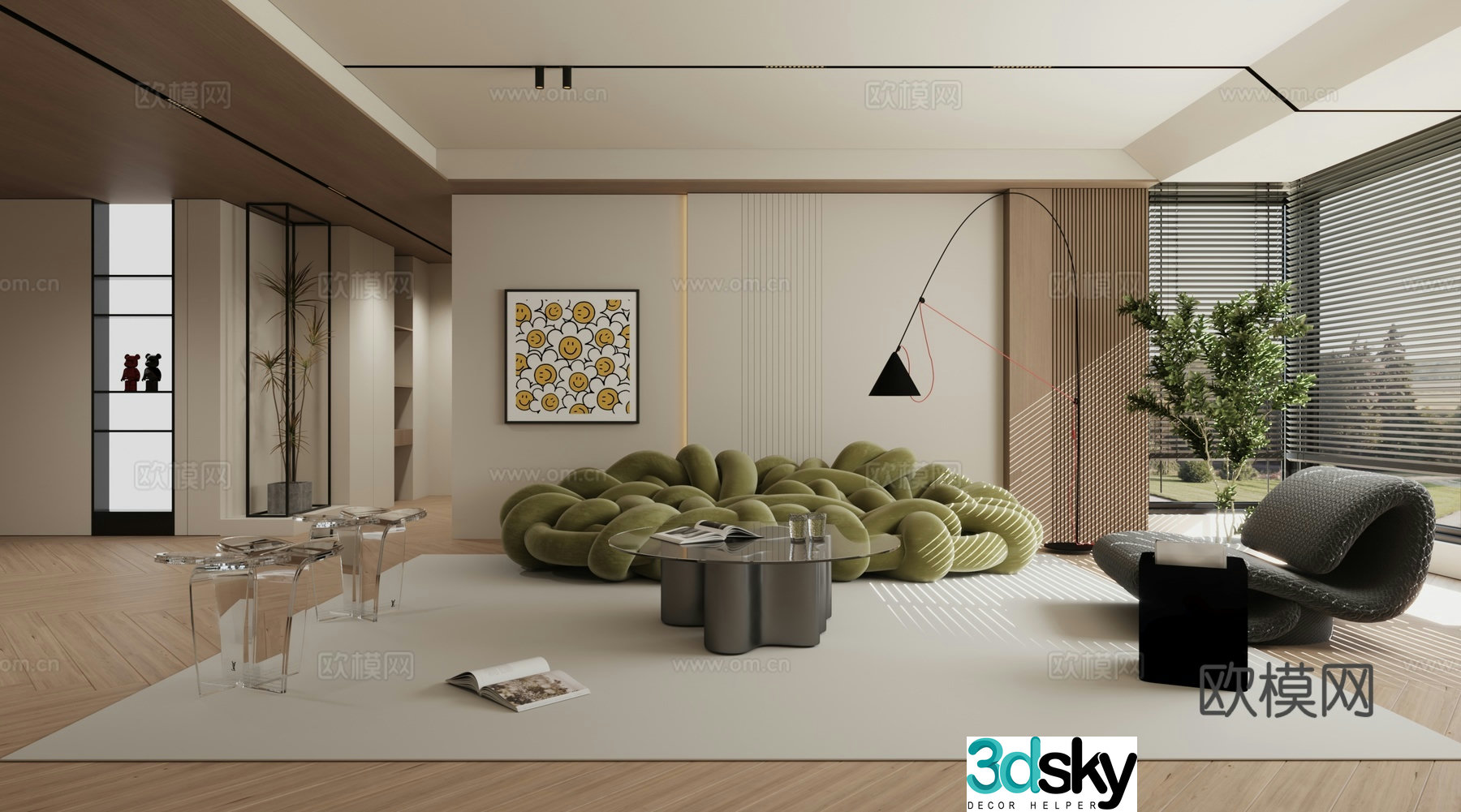 Modern minimalist log living room 3d model