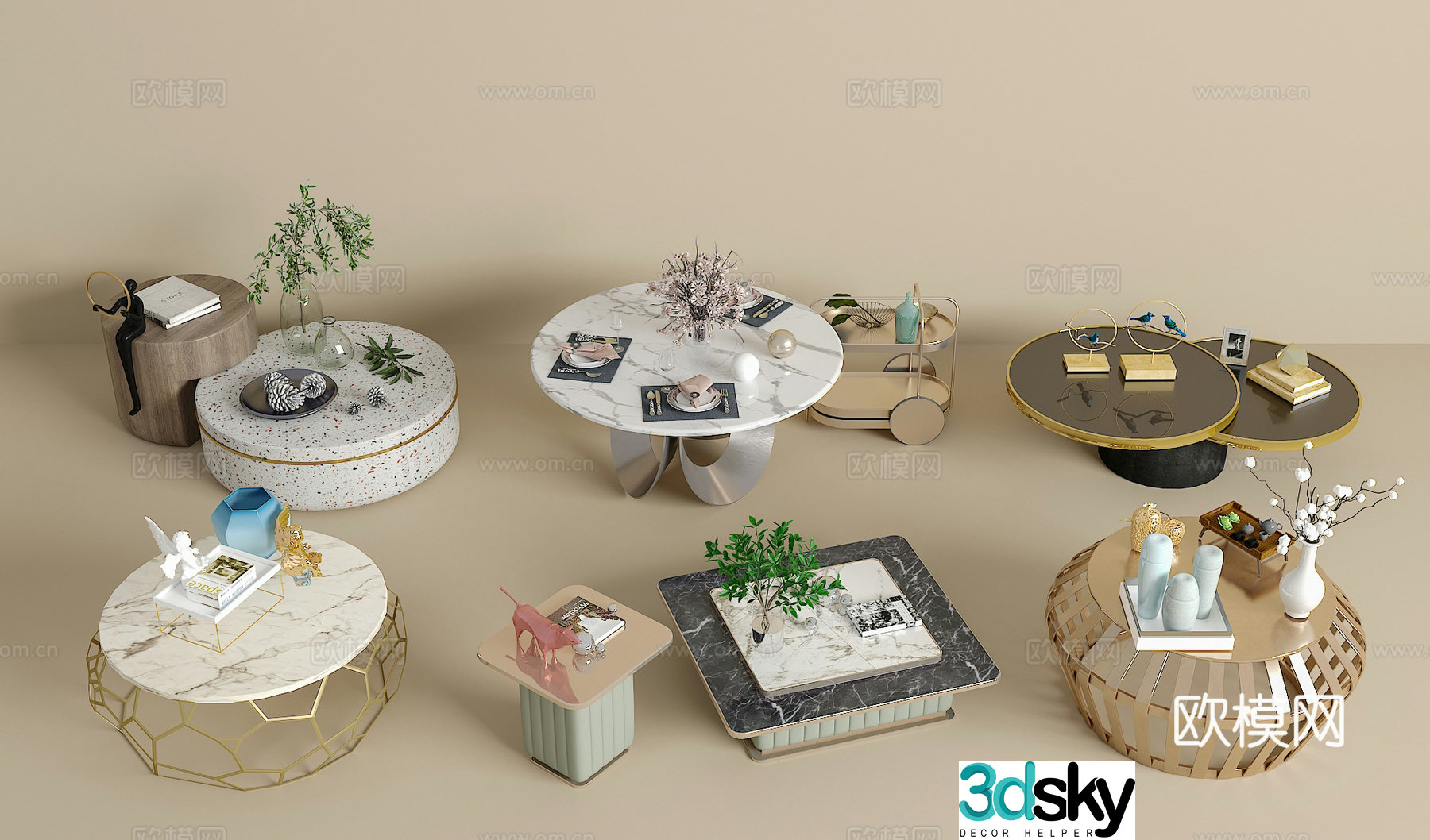 Coffee table combination green plants jewelry ornaments book 3d model