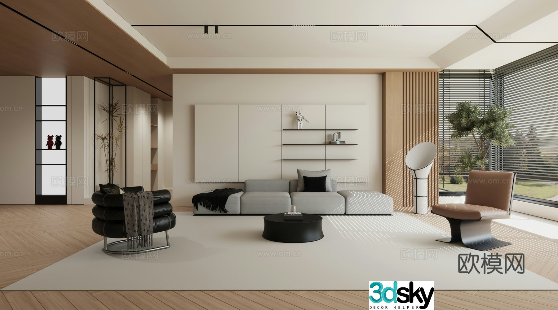 Modern minimalist log living room 3d model
