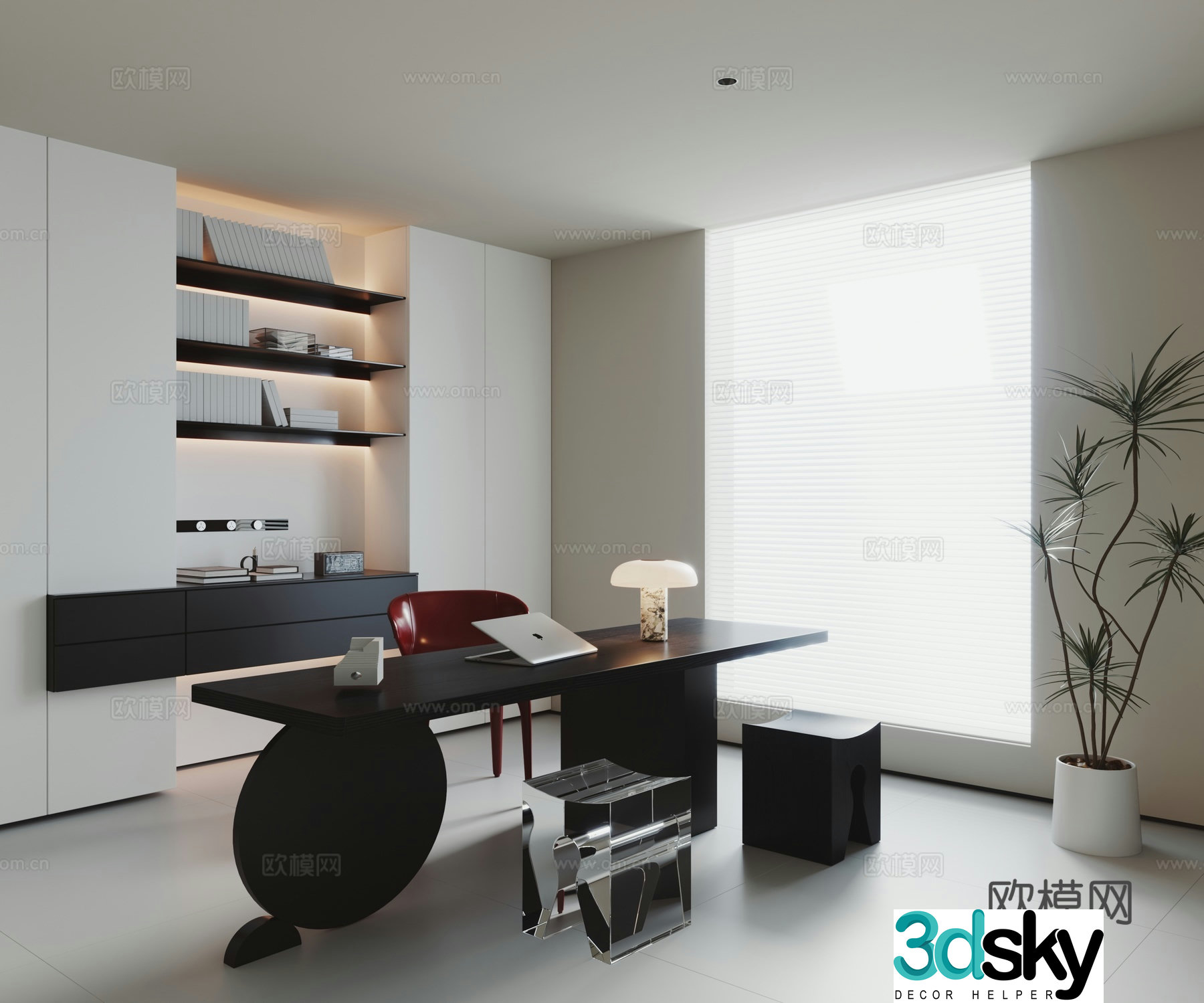 Modern minimalist study desk bookcase chair 3d model