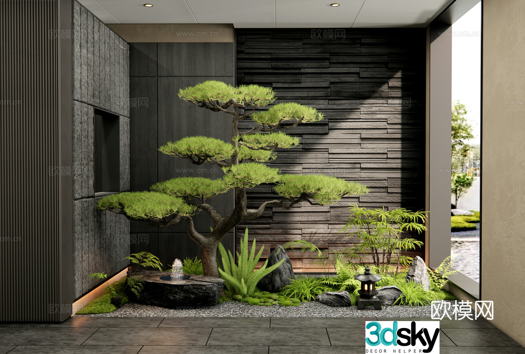 New Chinese interior landscape plant landscaping courtyard sketch plant combination water bowl flower and grass 3D model