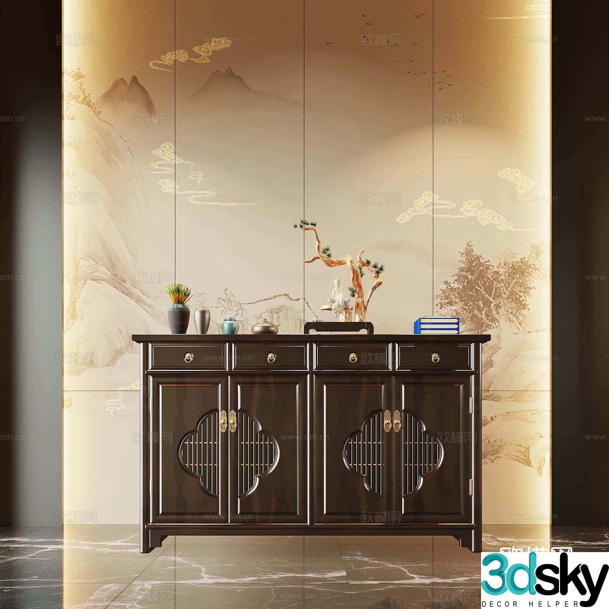 New Chinese style entrance hall end view cabinet entrance hall 3D model