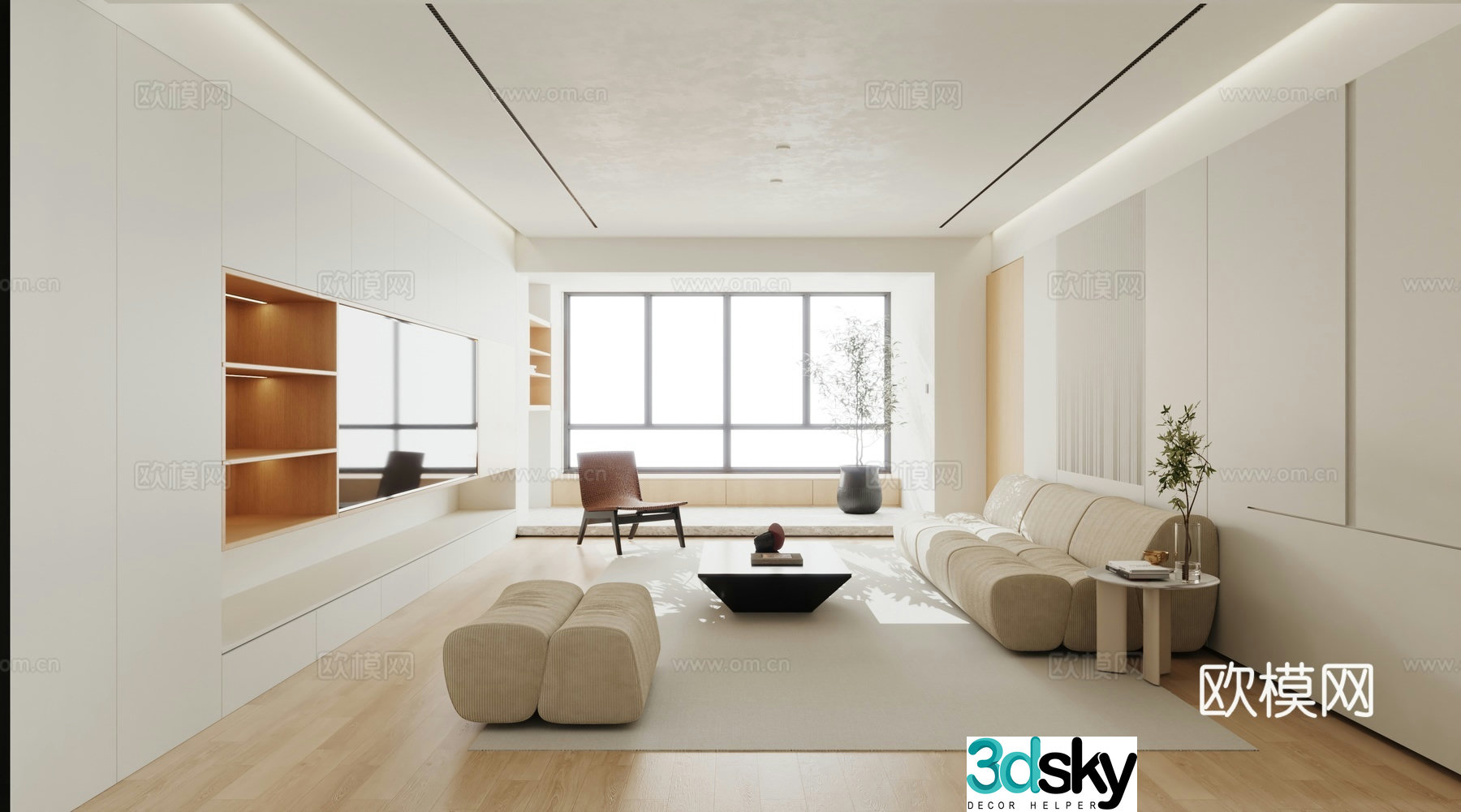 Modern minimalist log living room 3d model