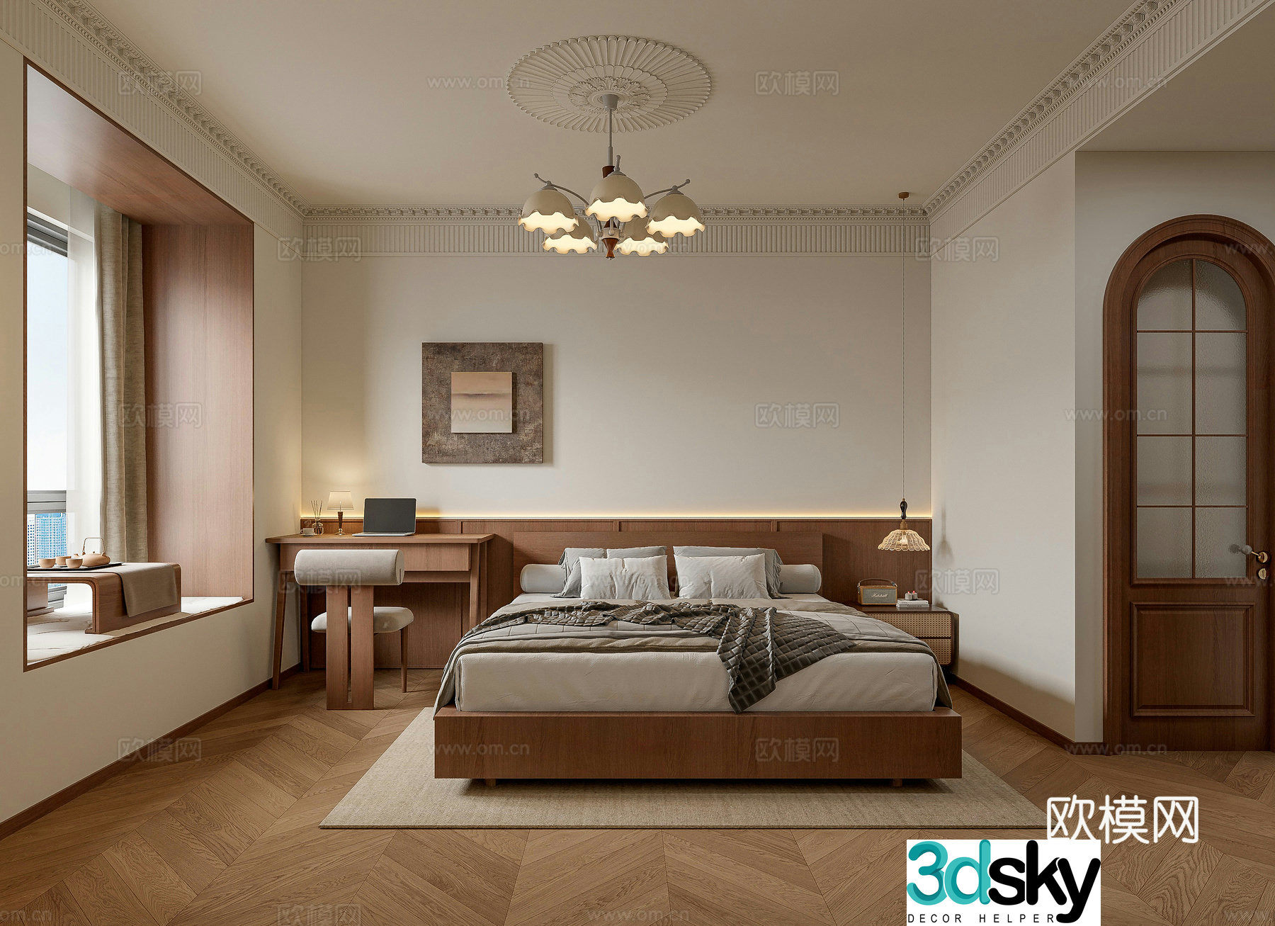 Middle style bedroom Wasabi bedroom Natural style New Chinese style bedroom French style bedroom Chandelier 3D model