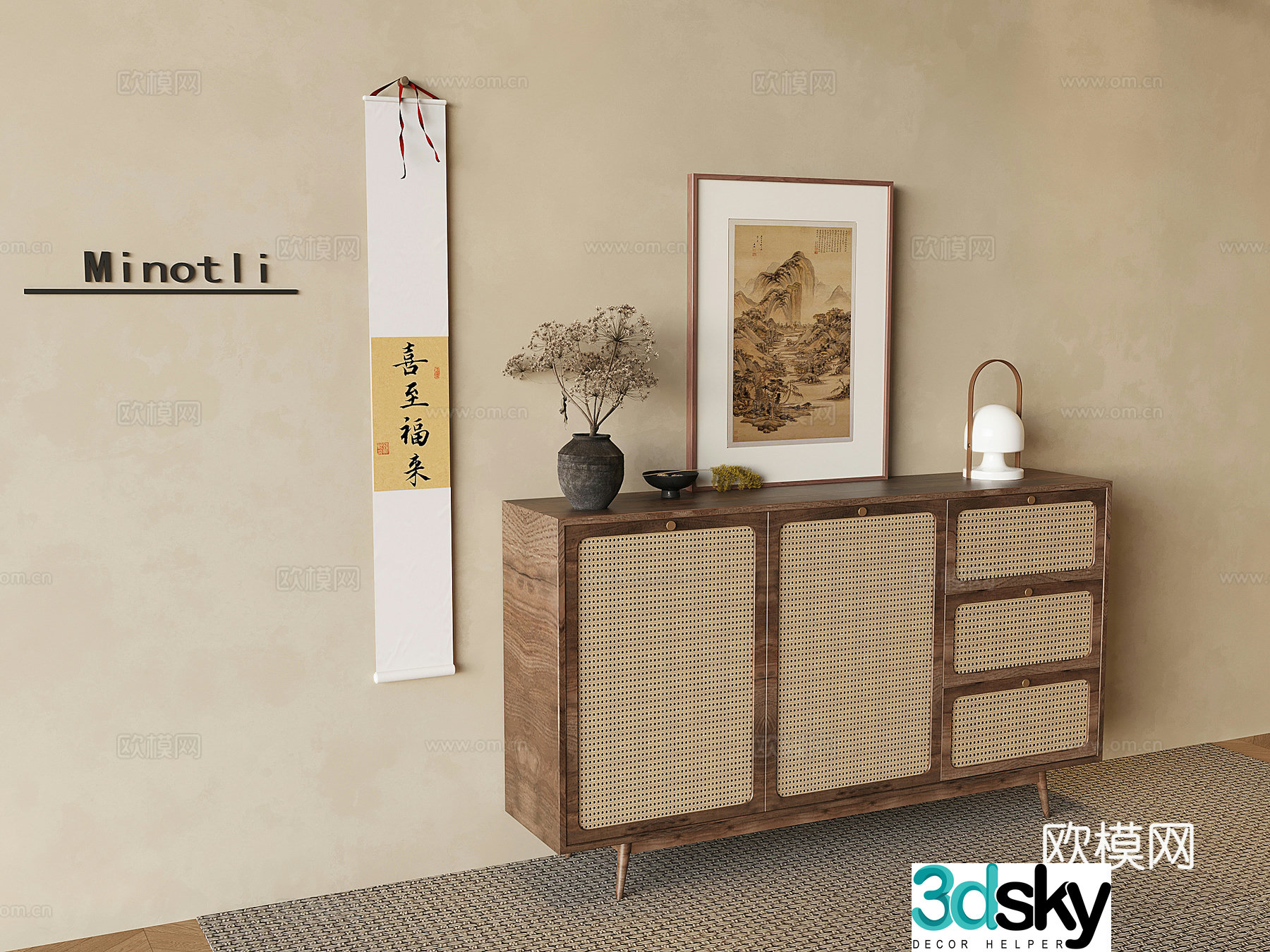 Wasabi Fengtiao woven sideboard solid wood entrance cabinet storage cabinet tea cabinet dining cabinet chest of cabinets 3D model
