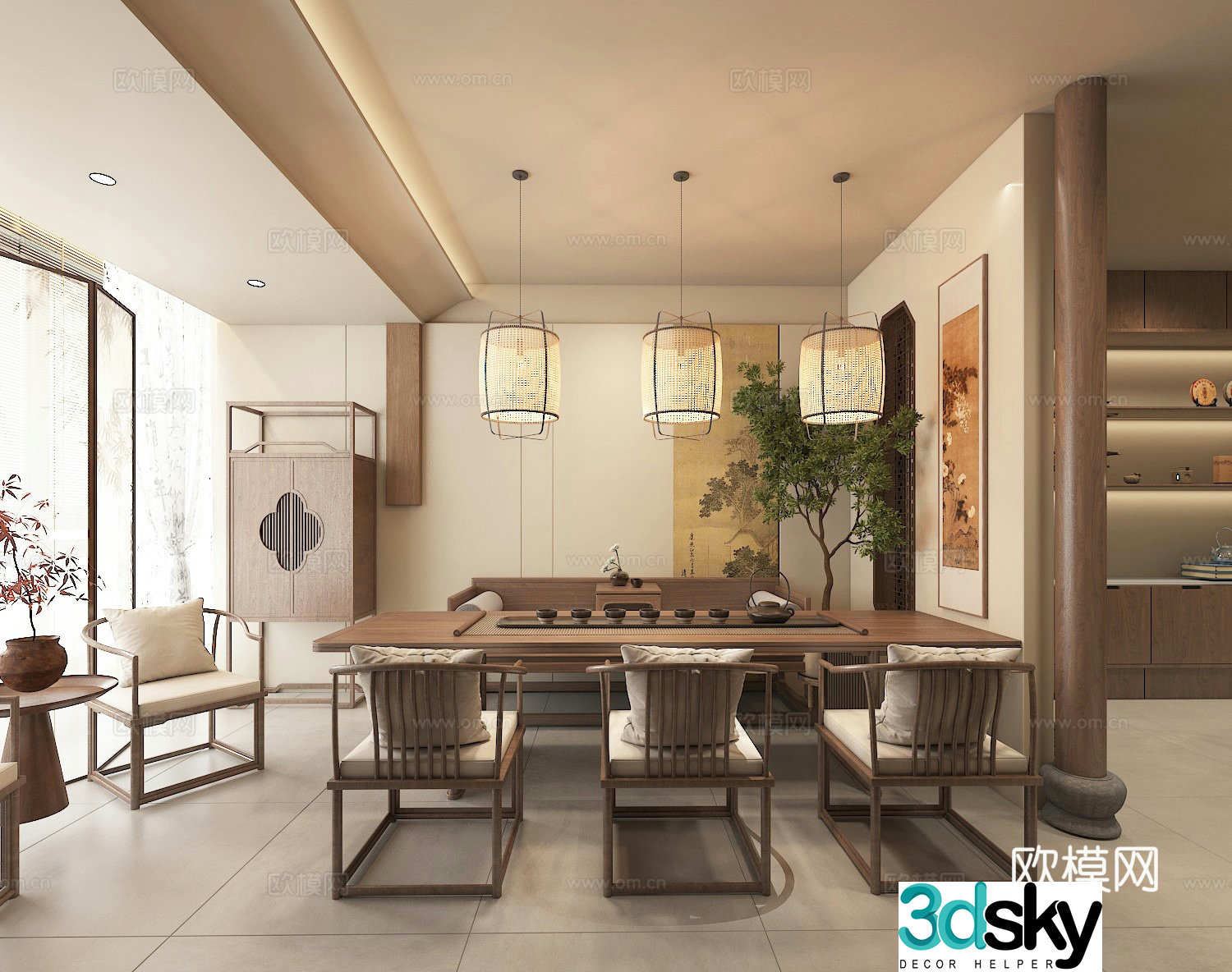 New Chinese Song style aesthetic living and dining room 3D model