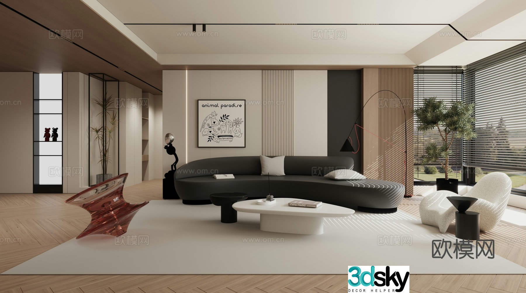 Modern minimalist log living room 3d model