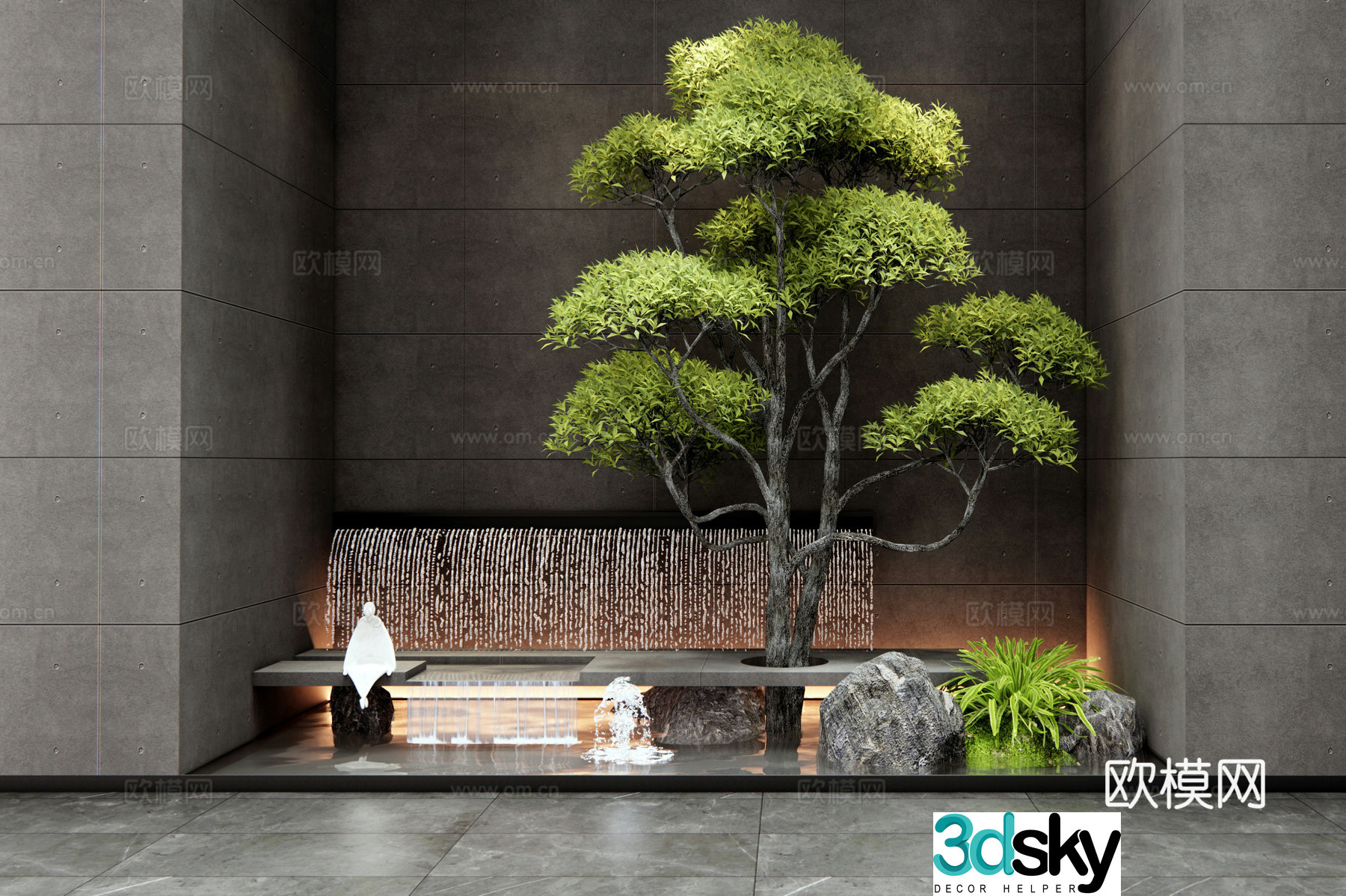 Modern indoor waterscape waterfall landscape houseplant landscaping stone landscape tree tree 3d model