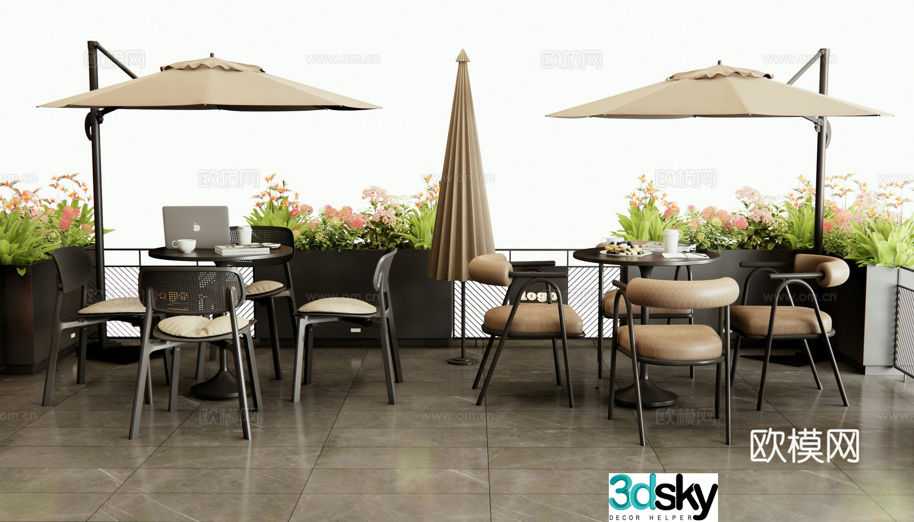 Modern outdoor tables and chairs negotiation tables and chairs commercial outdoor area cafe exterior arrangement flower box fence 3D model
