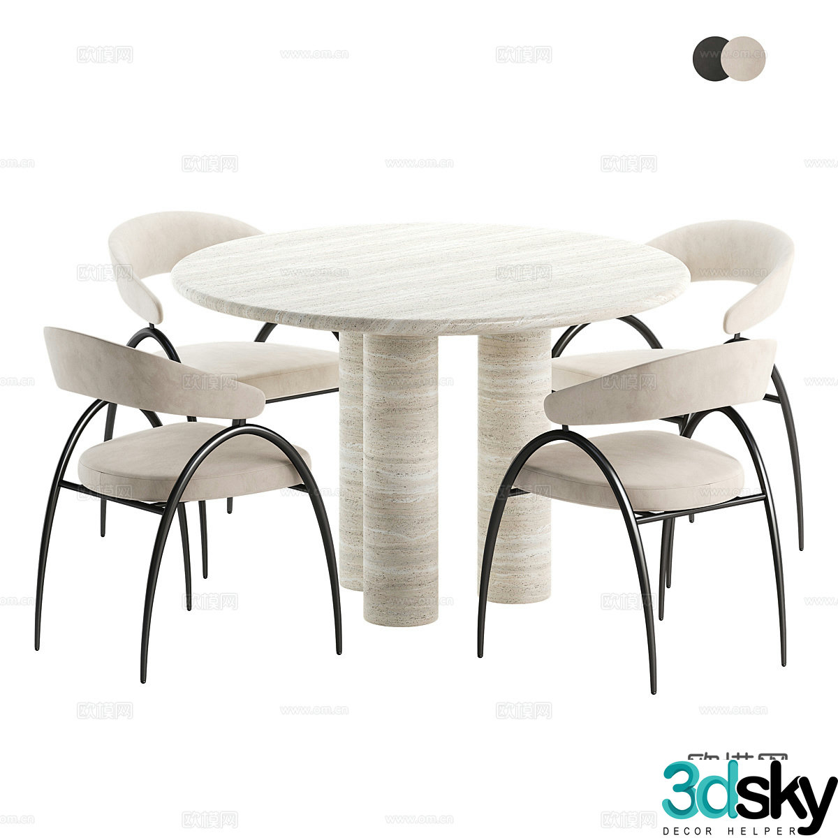 Modern Wasabi Round Dining Table and Chair Combination 3D Model