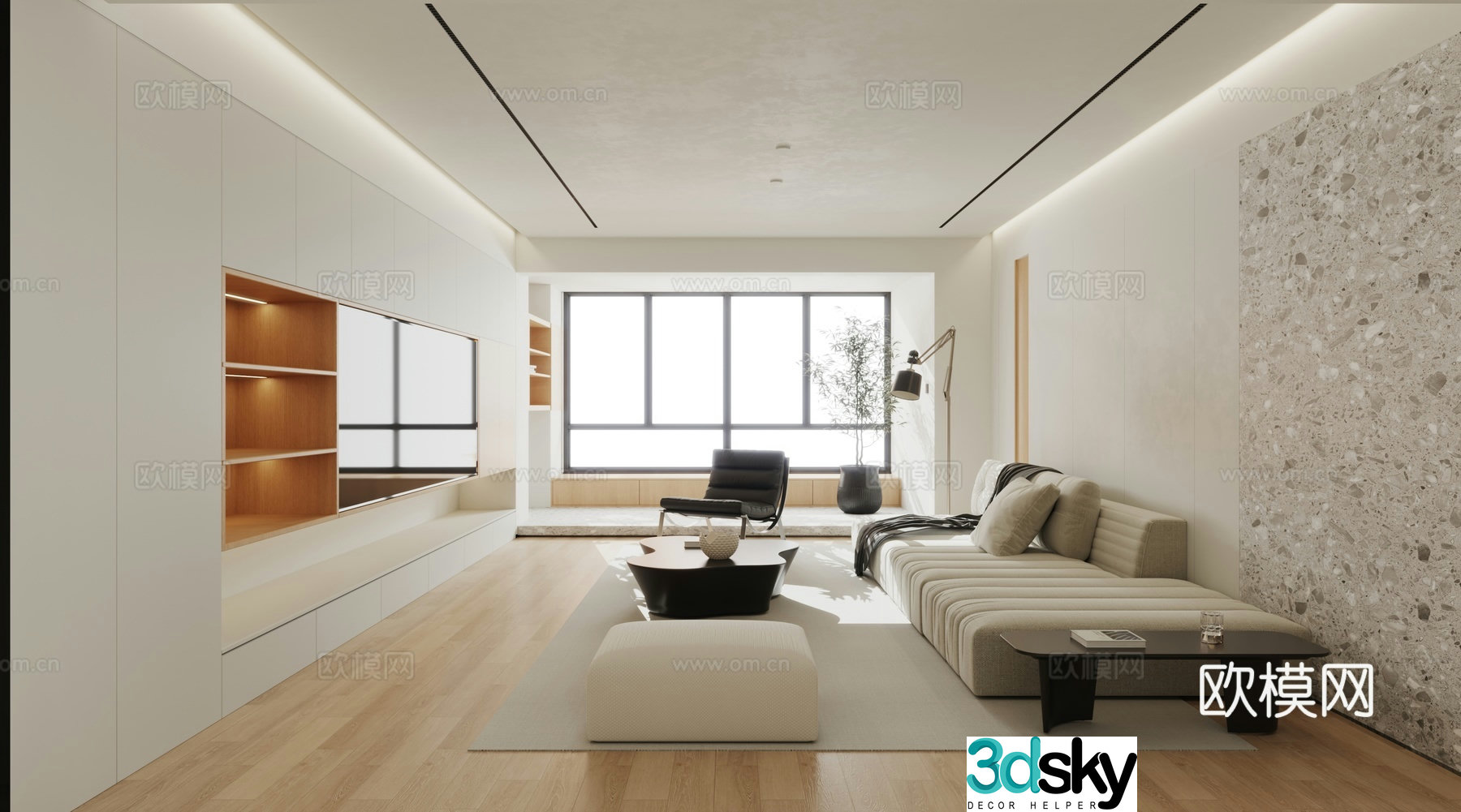 Modern minimalist log living room 3d model