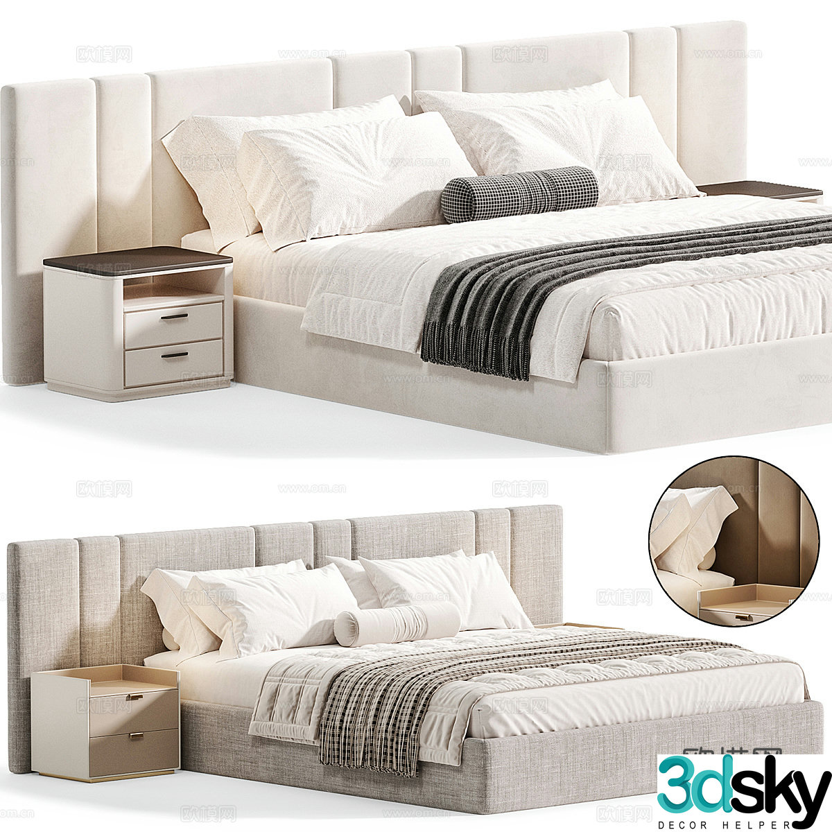 Modern cream style fabric double bed 3d model