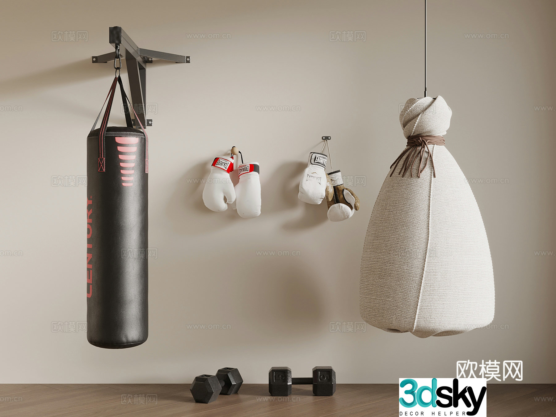 Modern sports equipment sandbags, gloves, dumbbells 3d model
