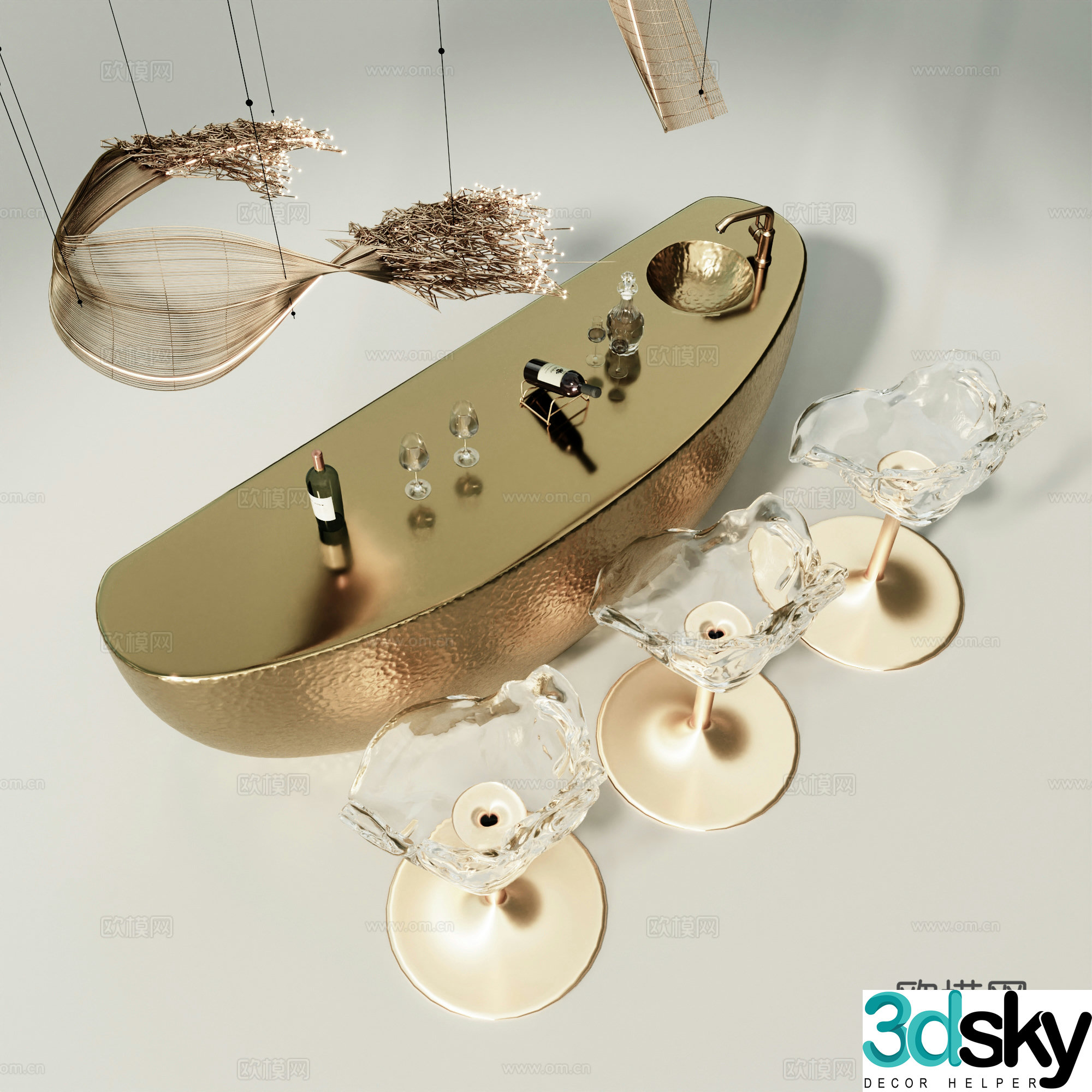 Modern bar bar chair chandelier bar wine cabinet wine wine glass 3d model