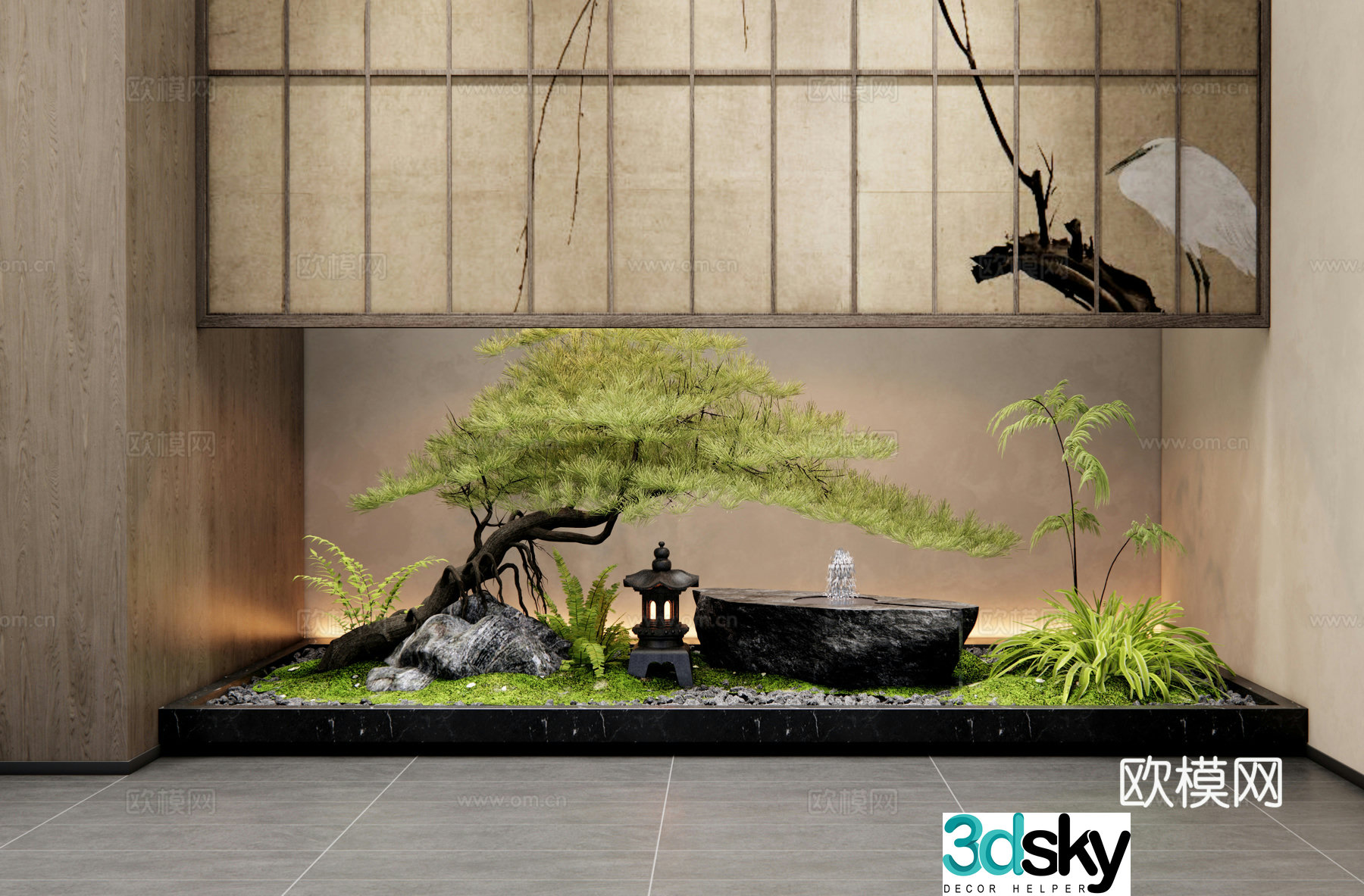 New Chinese style interior landscape patio interior landscape water bowl welcome pine stone courtyard small 3D model