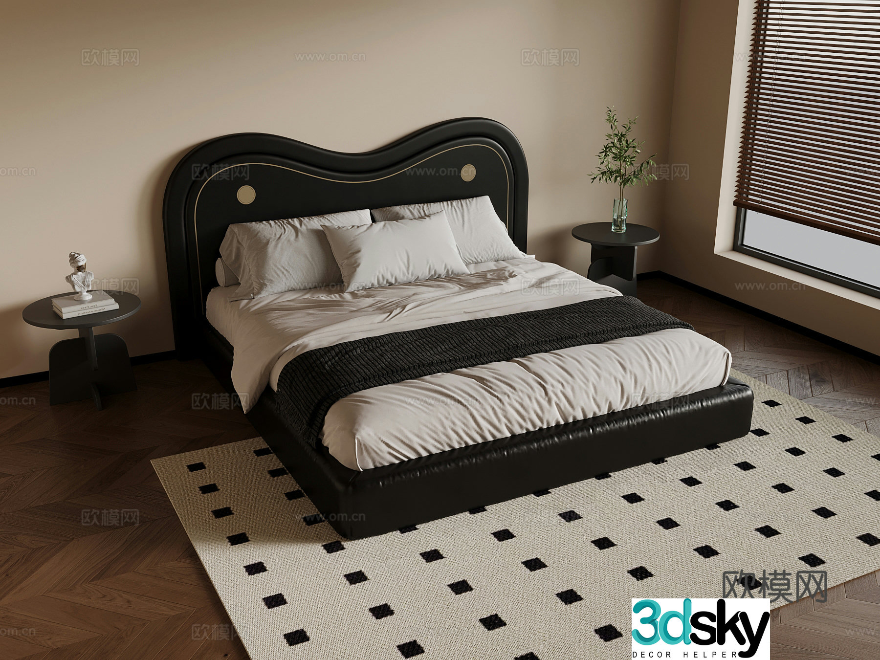 French double bed nightstand 3d model