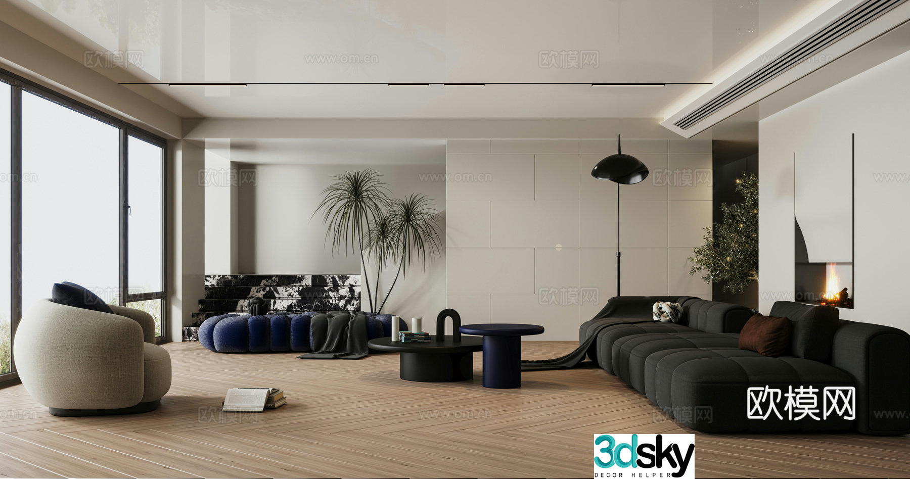 Modern minimalist black white and gray living room 3d model