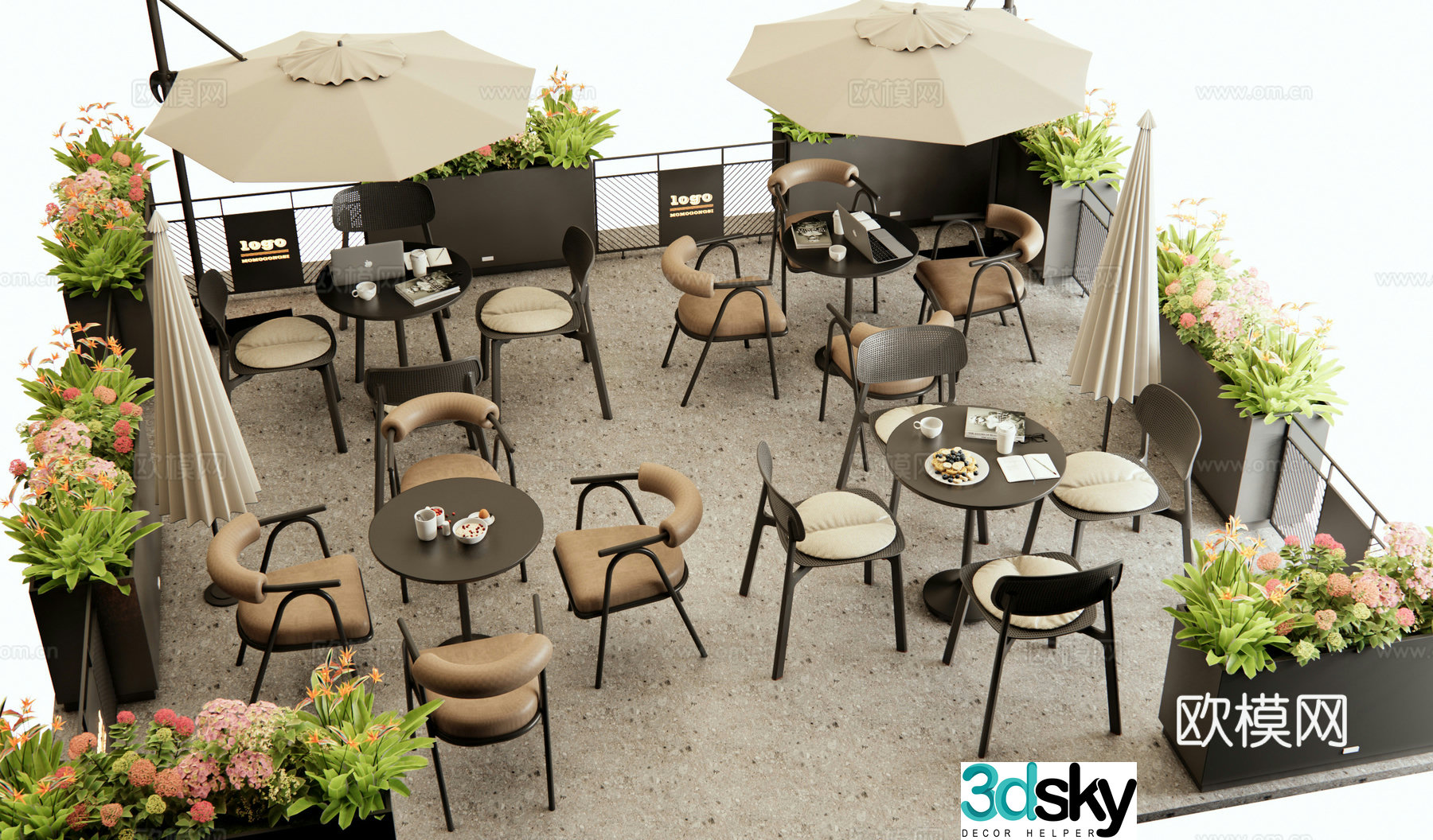 Modern commercial outdoor area cafe outdoor table and chairs flower box fence negotiation table and chair 3D model